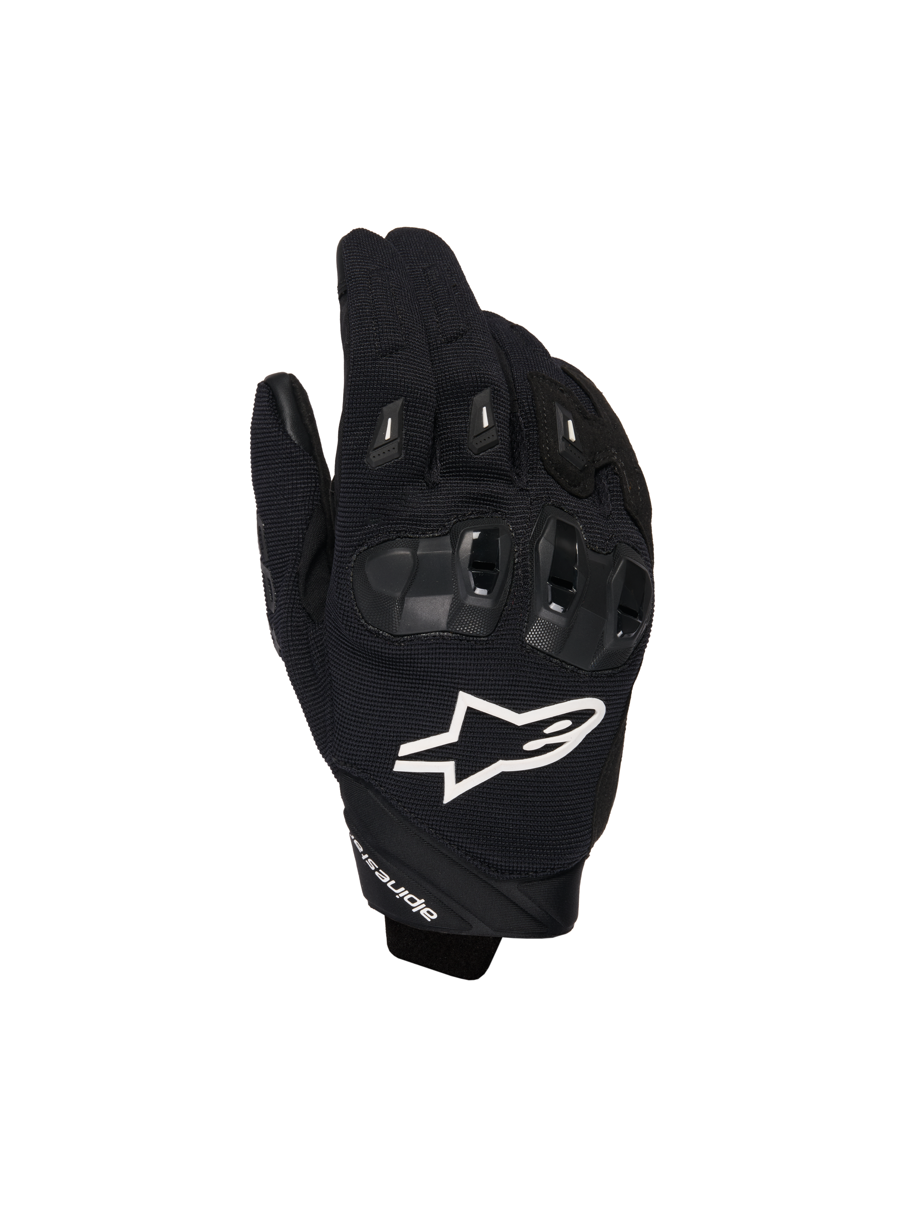 Alpinestars SP X 1 handsker, sportshandsker til motorcykel, sort med hvidt logo, set fra oven viser TPR-knobeskyttelse og ventileret mesh-stof, beskyttelsesudstyr til vej- og sportskørsel