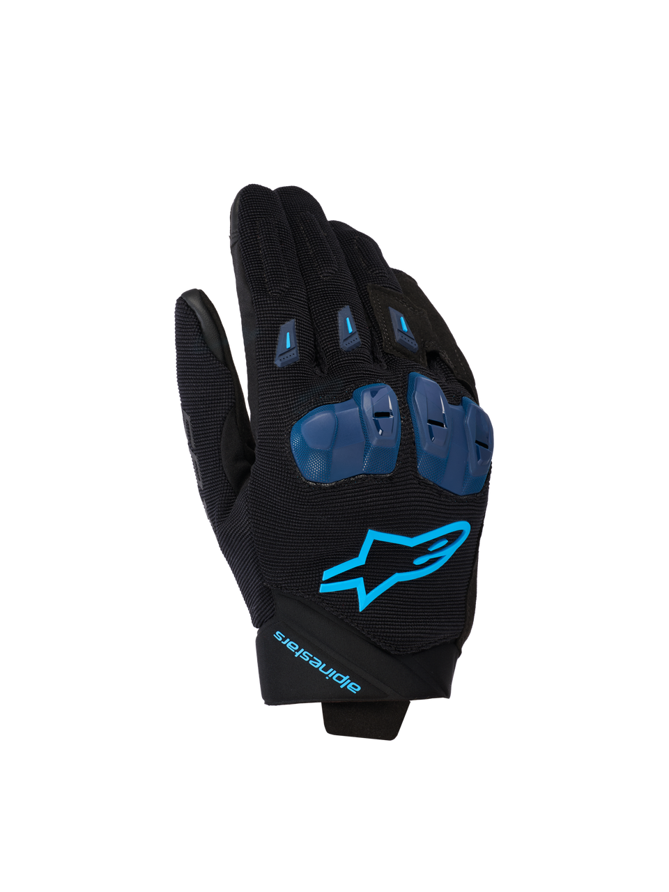 Alpinestars SP X 1 handsker, motorcykelhandsker til racing, sort og Blithe Blue, med blå TPR-knobeskyttelse, klart blåt stjernelogo på håndryggen, konstruktion i strækstof, strømlinet sportsdesign med præstationsorienterede detaljer