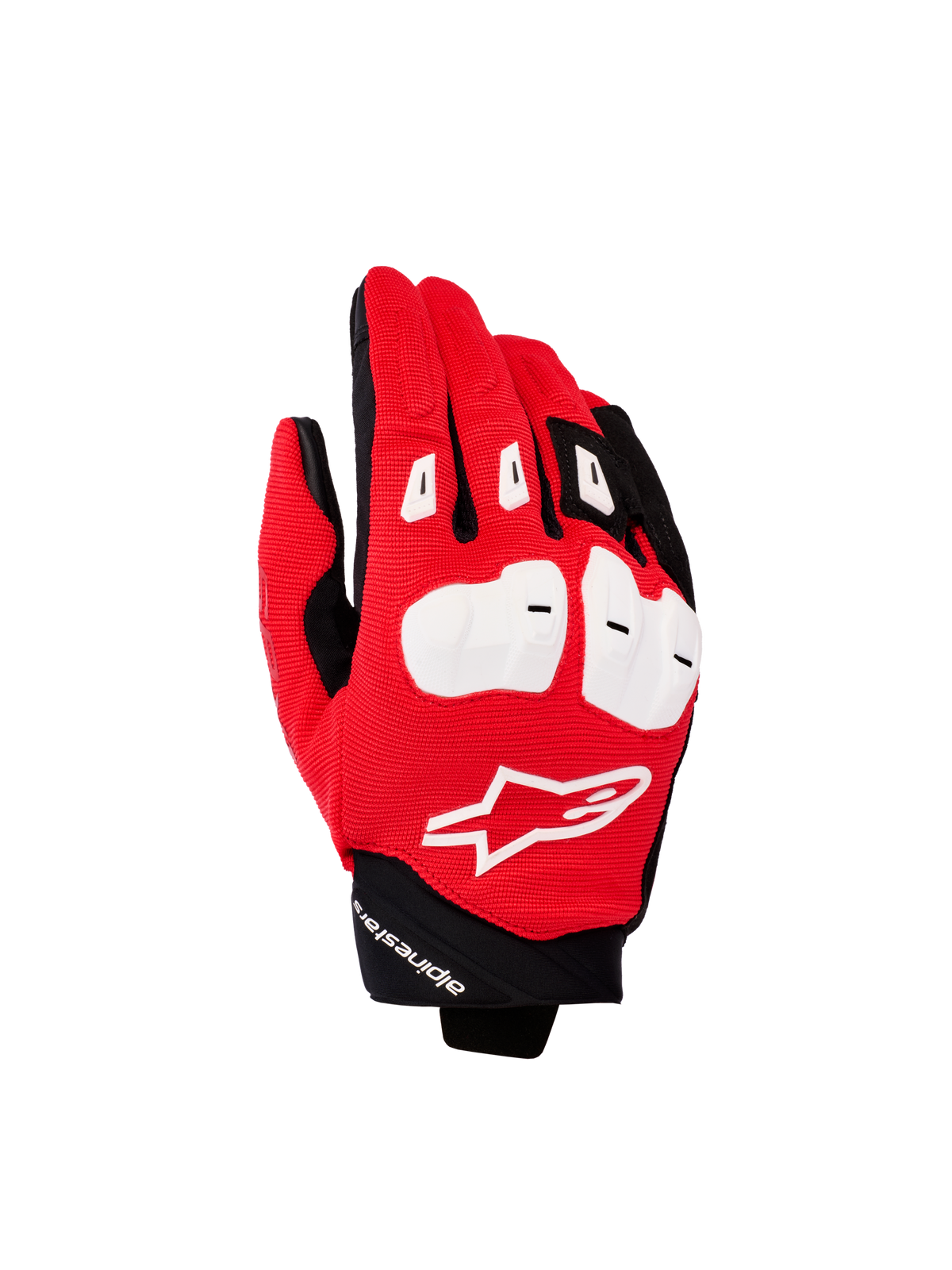 Alpinestars SP X 1 Gloves, Motorcycle Sport Gloves, Bright Red Black and White, featuring white TPR knuckle protectors, textured red fabric backhand with white Astars logo, and short black cuff, performance riding gear