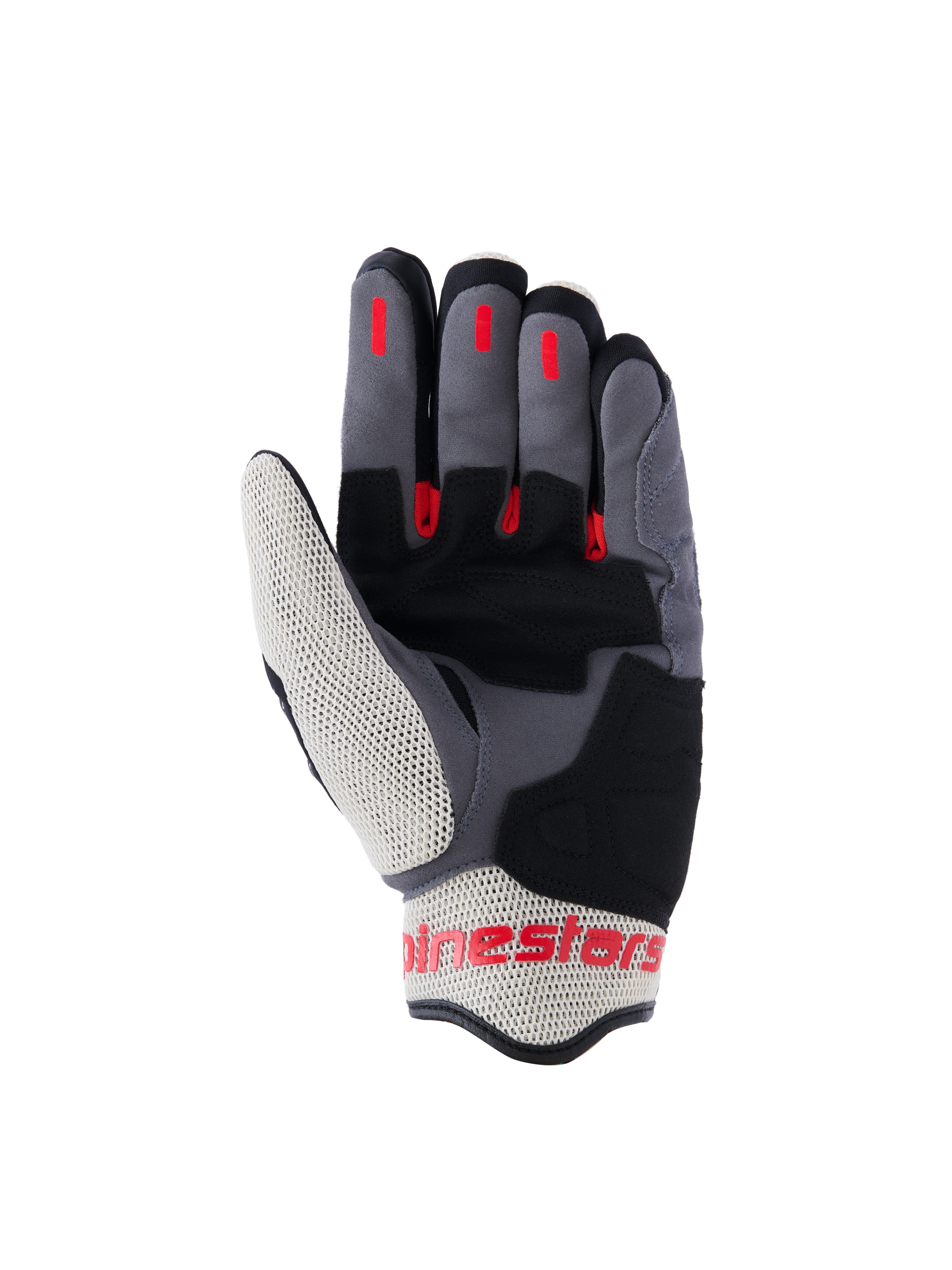 Alpinestars Mogress Airflow-handsker, urban motorcykelhandsker, Black Flame Red og Ecru, håndfladevisning med forstærkninger i syntetisk ruskind, røde silikone grip-indsatser på fingrene og åndbare mesh-paneler på tommelfingeren og manchetten.