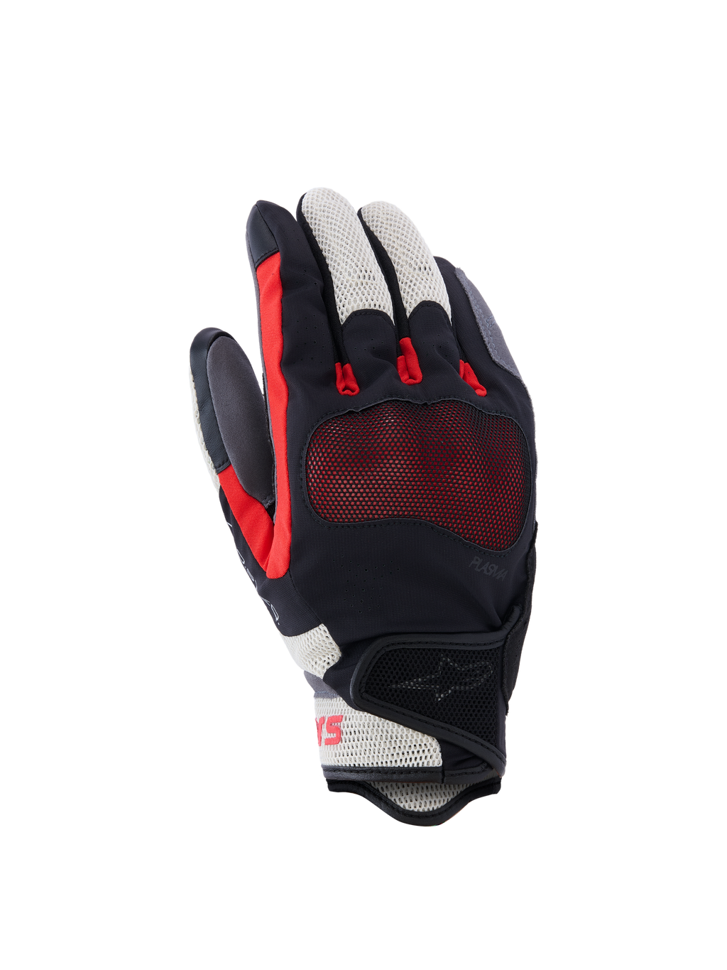Alpinestars Mogress Airflow handsker, motorcykelhandsker, sort, flame rød og ecru, med laserperforeret håndryg og 3D mesh-indsatser, gennemsigtig knobeskyttelse, kort manchet-design, urbant sommerudstyr