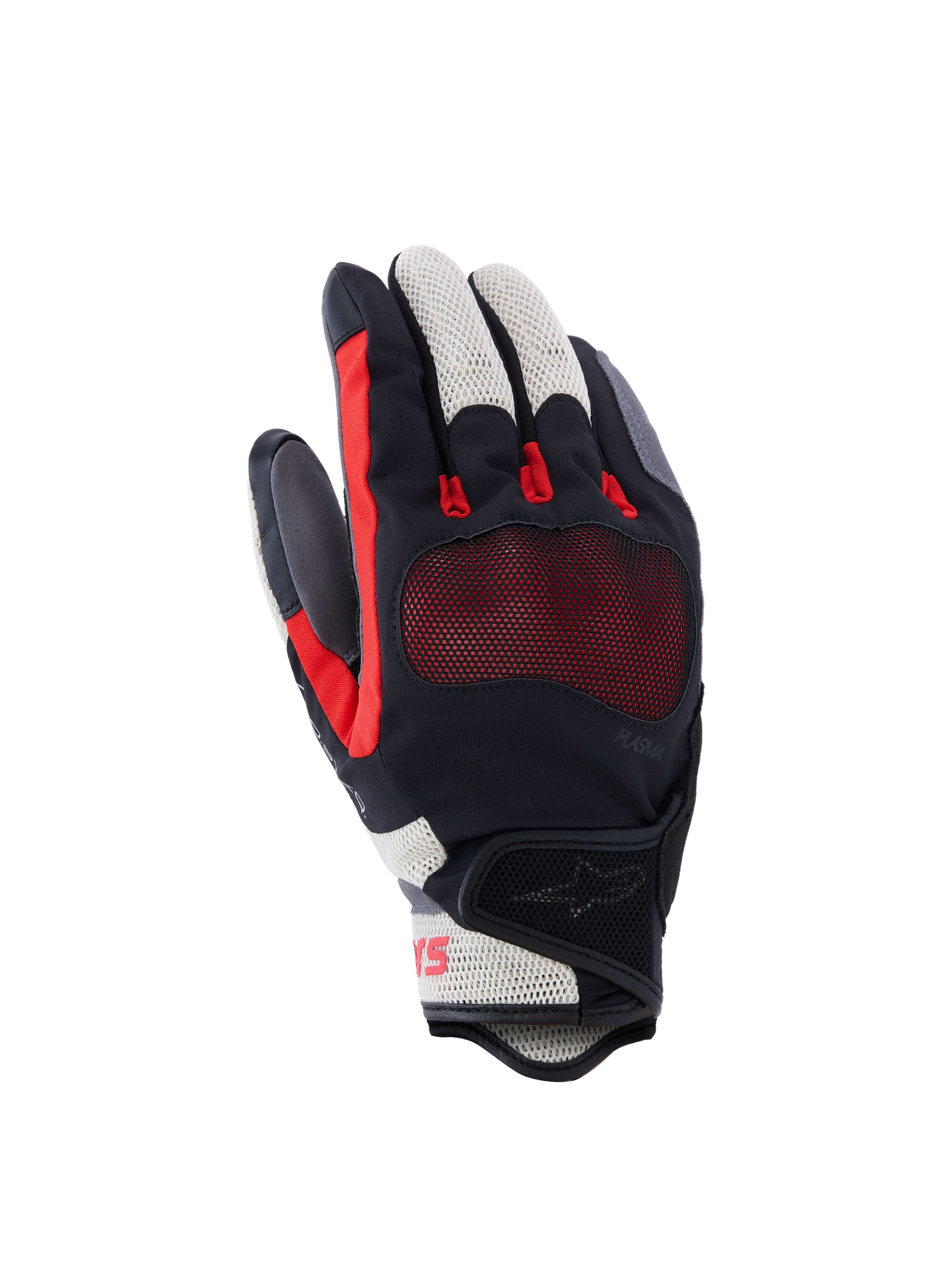 Alpinestars Mogress Airflow handsker, motorcykelhandsker, sort, flame rød og ecru, med laserperforeret håndryg og 3D mesh-indsatser, gennemsigtig knobeskyttelse, kort manchet-design, urbant sommerudstyr