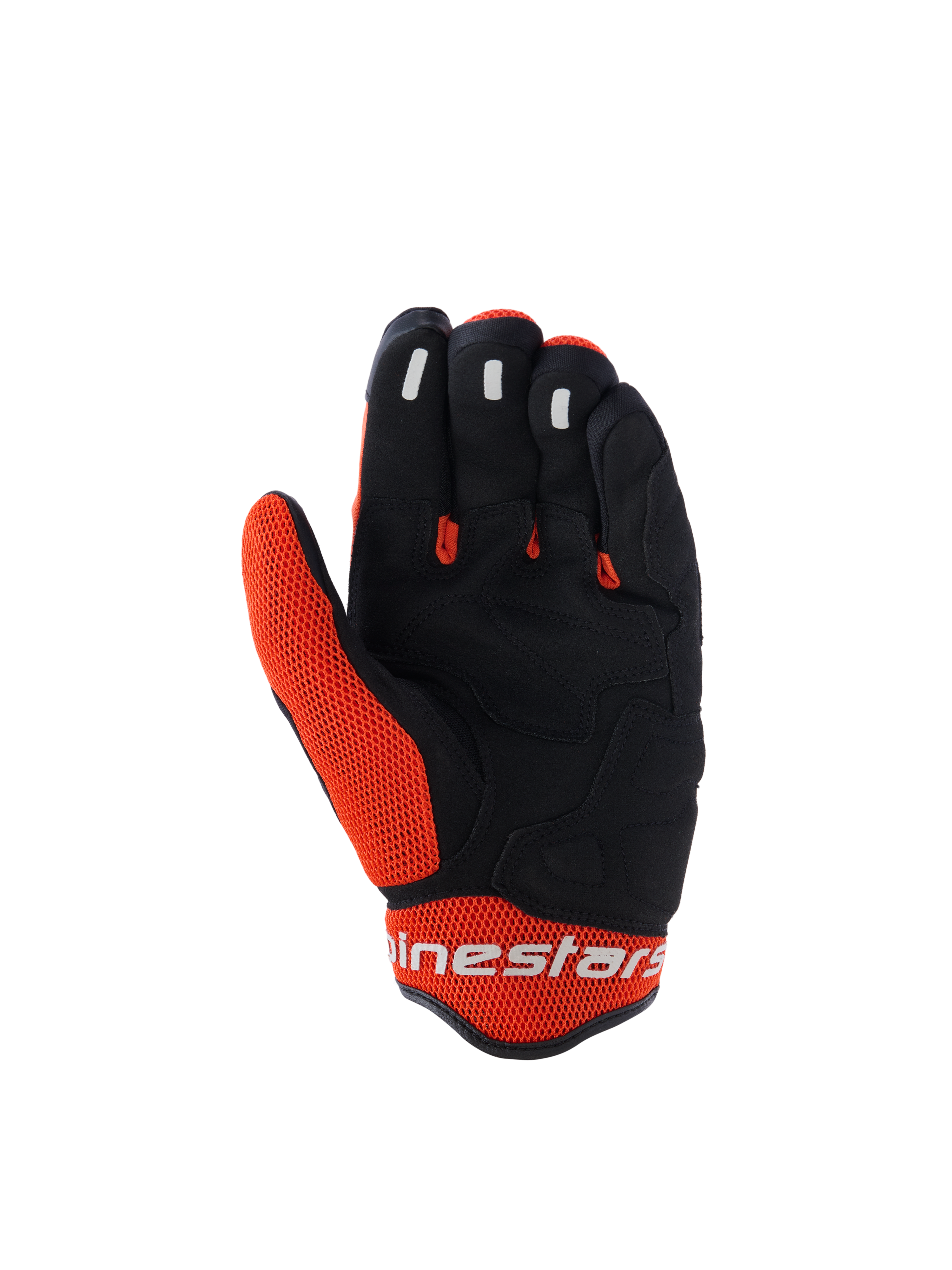 Alpinestars Mogress Airflow Gloves, Motorcycle Gloves, Black and Tangerine, palm view featuring black synthetic construction with orange mesh inserts, silicone grip on fingertips, white Alpinestars logo on the cuff, urban summer riding design