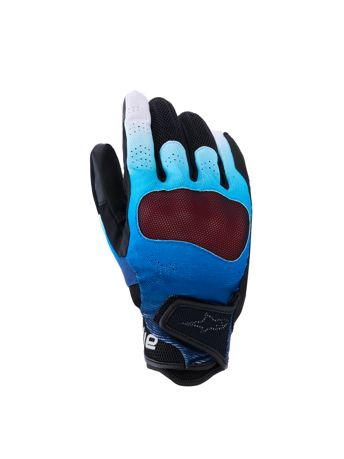Alpinestars Mogress Airflow handsker, motorcykelhandsker, blå og sort gradient, rød gennemsigtig knobeskytter, åndbar perforeret håndryg med 3D-mesh-paneler, kort manchet med justerbar rem, urbant design til bykørsel