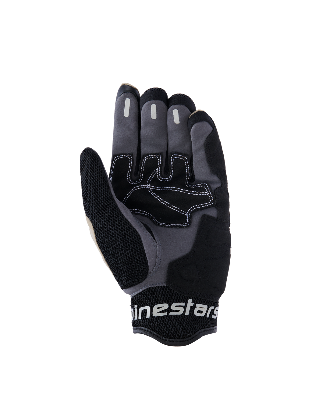 Alpinestars Mogress Airflow handsker, urban motorcykelhandsker, Aluminum Black og grå, håndfladevisning med syntetiske forstærkninger med hvide kontrastsyninger, silikone-gribezoner på fingrene og åndbar 3D-mesh-manchet med hvidt Alpinestars-branding.