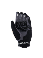 Alpinestars Mogress Airflow handsker, urban motorcykelhandsker, Aluminum Black og grå, håndfladevisning med syntetiske forstærkninger med hvide kontrastsyninger, silikone-gribezoner på fingrene og åndbar 3D-mesh-manchet med hvidt Alpinestars-branding.