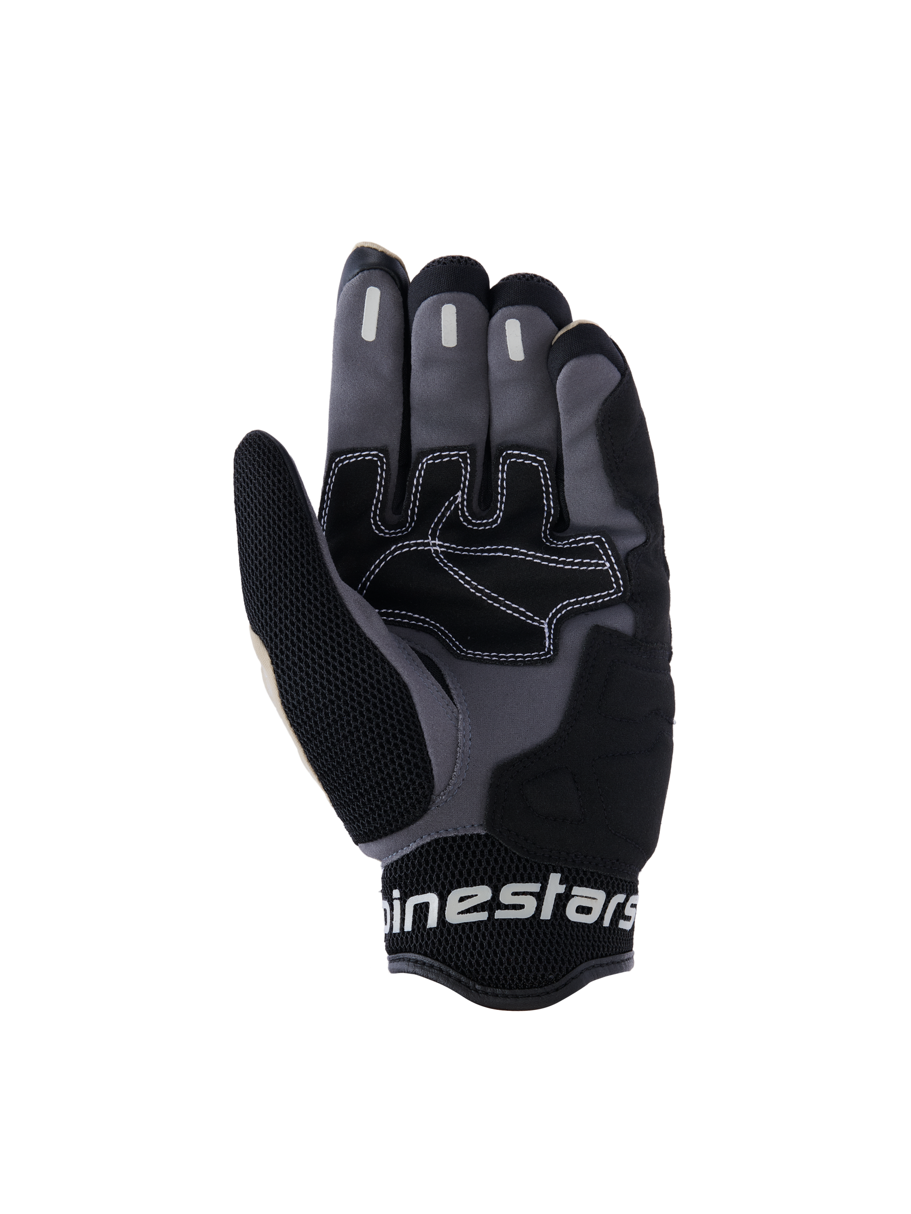 Alpinestars Mogress Airflow handsker, urban motorcykelhandsker, Aluminum Black og grå, håndfladevisning med syntetiske forstærkninger med hvide kontrastsyninger, silikone-gribezoner på fingrene og åndbar 3D-mesh-manchet med hvidt Alpinestars-branding.