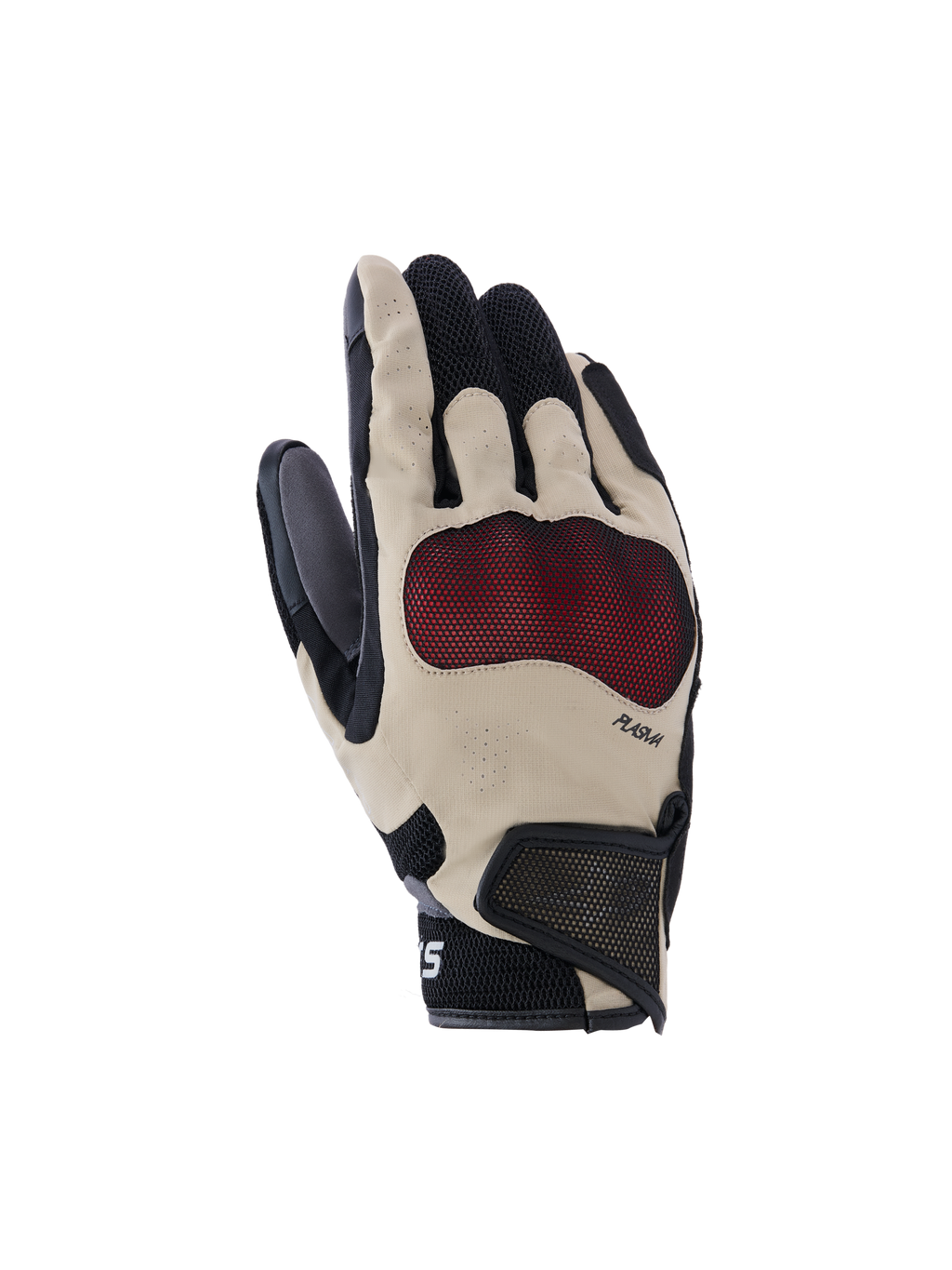 Alpinestars Mogress Airflow handsker, motorcykelhandsker, beige, sort og rød, med rød Nucleon Plasma knoglebeskyttelse, laserperforerede fingre, 3D mesh-paneler til luftgennemstrømning og en kort manchet med velcrostrop