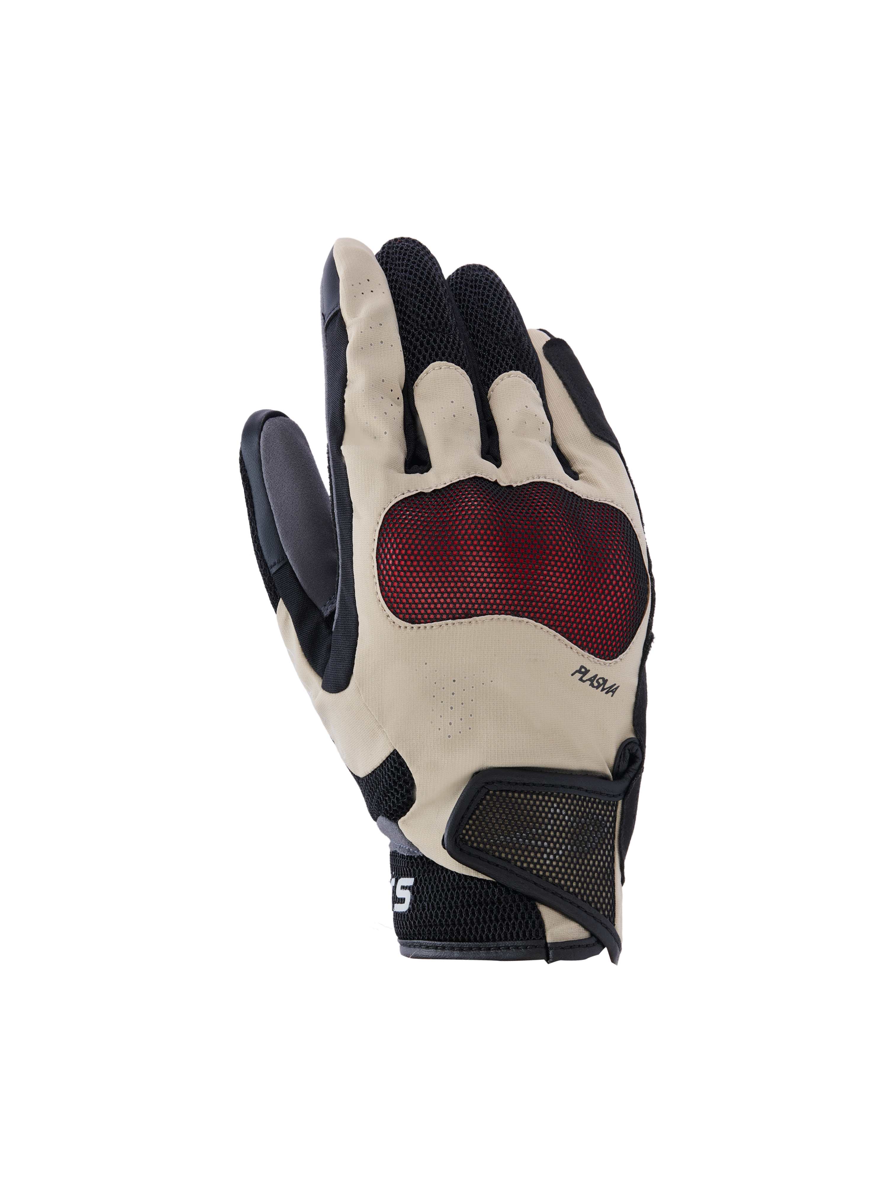 Alpinestars Mogress Airflow handsker, motorcykelhandsker, beige, sort og rød, med rød Nucleon Plasma knoglebeskyttelse, laserperforerede fingre, 3D mesh-paneler til luftgennemstrømning og en kort manchet med velcrostrop