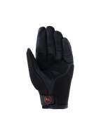 Alpinestars Manti Air handsker, adventure-motorcykelhandsker, sort, set fra håndfladen med forstærket læderhåndflade, åndbart mesh på tommelfingeren og rødt cirkulært 'AS'-logo på håndledslukningen