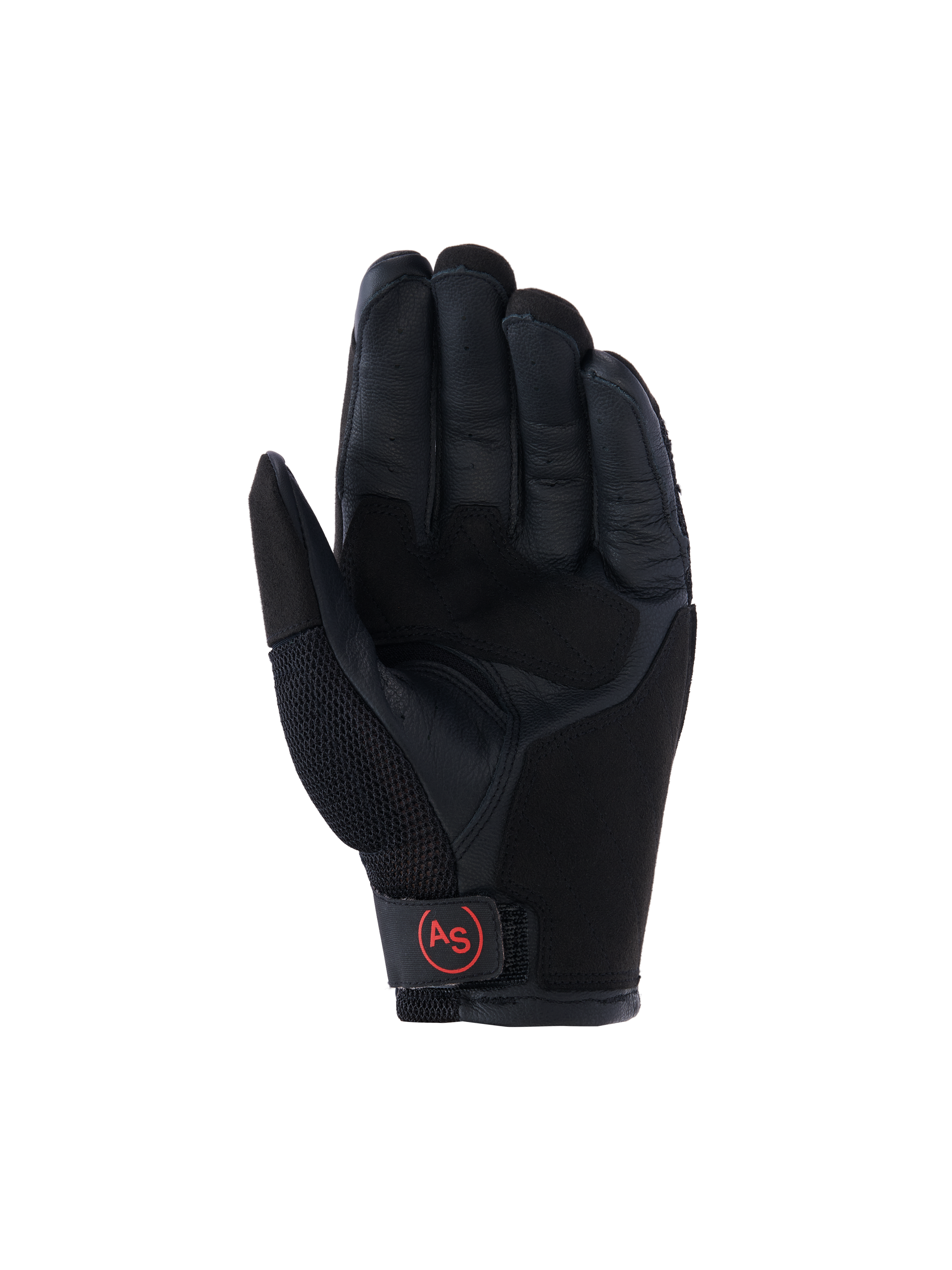 Alpinestars Manti Air handsker, adventure-motorcykelhandsker, sort, set fra håndfladen med forstærket læderhåndflade, åndbart mesh på tommelfingeren og rødt cirkulært 'AS'-logo på håndledslukningen