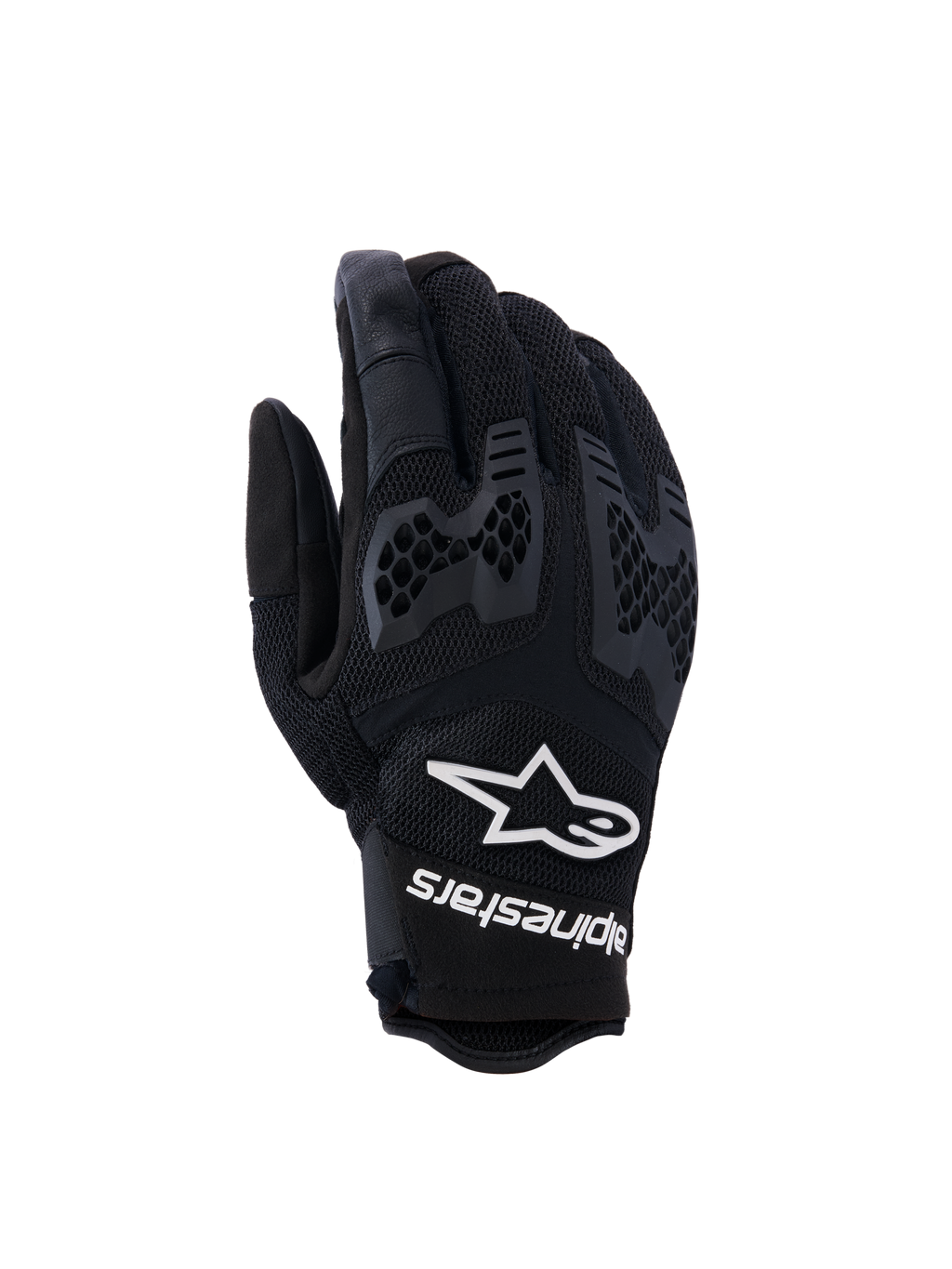 Alpinestars Manti Air handsker, motorcykelhandsker, sort, med åndbart mesh og tekstureret honeycomb-knobeskyttelse, hvidt Alpinestars-logo og tekst på håndleddet, letvægtsdesign til sommerens adventure-kørsel