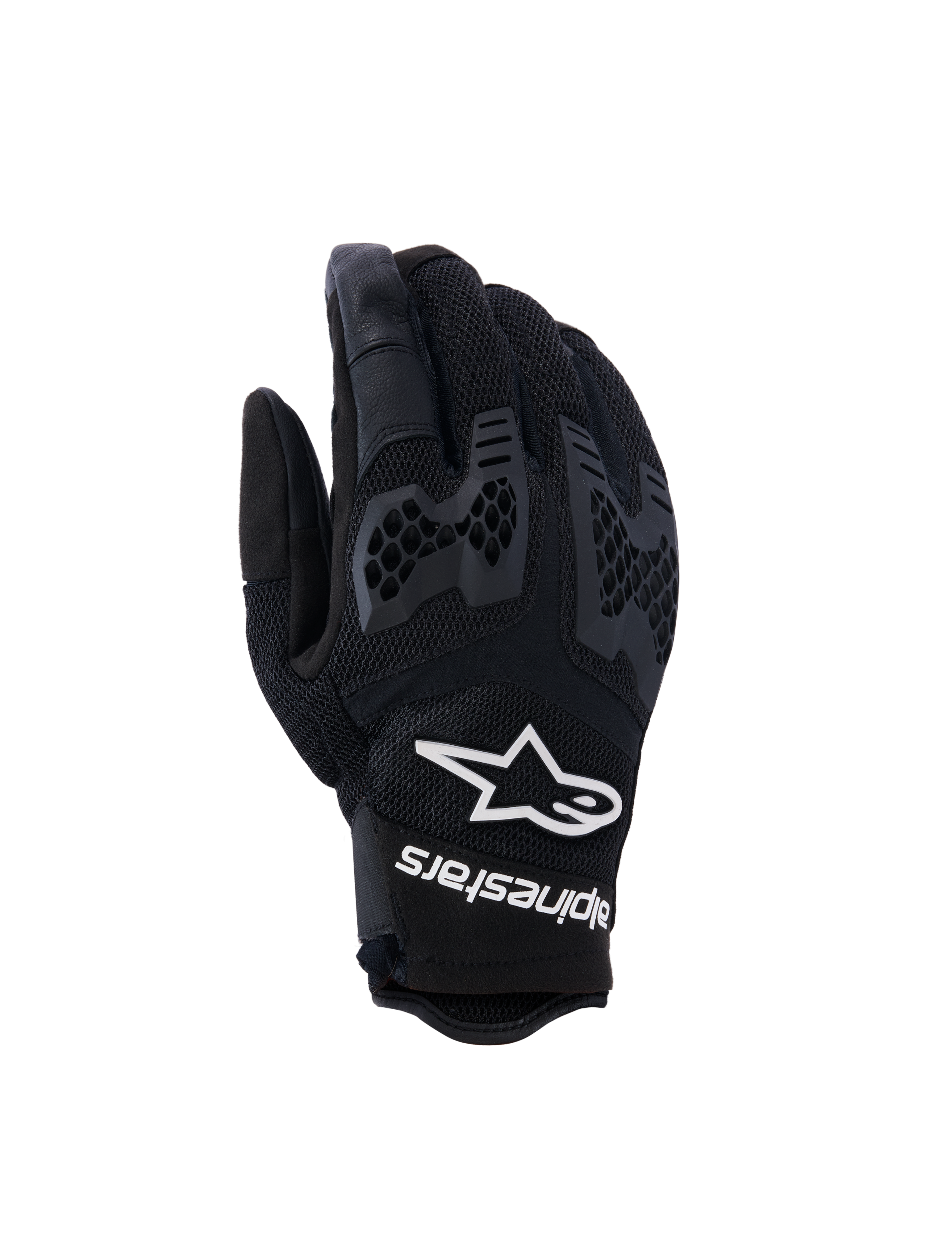 Alpinestars Manti Air handsker, motorcykelhandsker, sort, med åndbart mesh og tekstureret honeycomb-knobeskyttelse, hvidt Alpinestars-logo og tekst på håndleddet, letvægtsdesign til sommerens adventure-kørsel