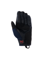 Alpinestars Manti Air handsker, motorcykelhandsker, mørkeblå og sort, læderhåndflade med perforerede fingre, mesh-sidepaneler og rødt cirkulært AS-logo på håndledsremmen, adventure-køreudstyr