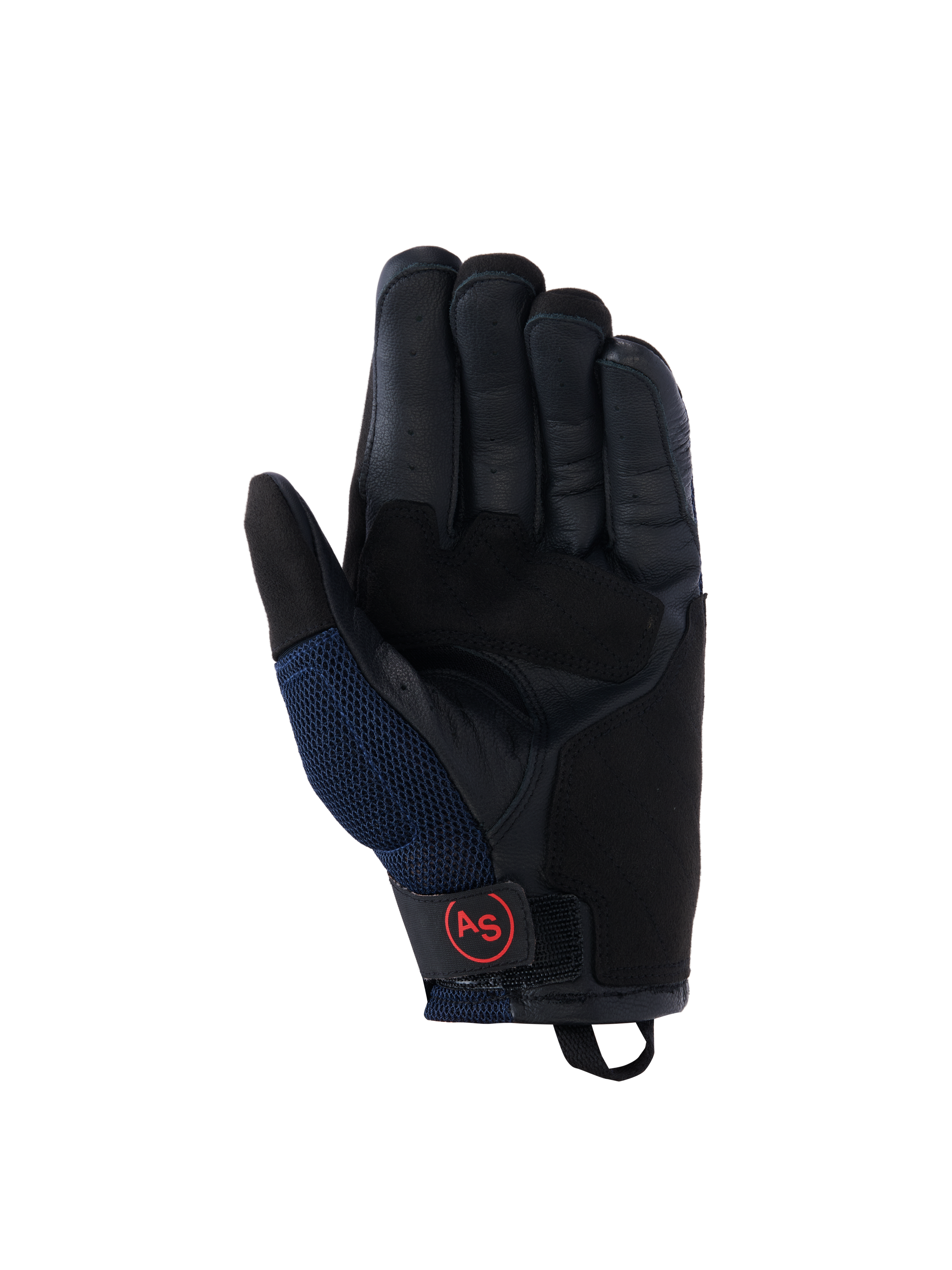 Alpinestars Manti Air handsker, motorcykelhandsker, mørkeblå og sort, læderhåndflade med perforerede fingre, mesh-sidepaneler og rødt cirkulært AS-logo på håndledsremmen, adventure-køreudstyr