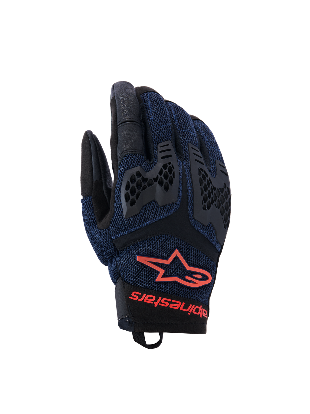 Alpinestars Manti Air handsker, motorcykelhandsker, mørkeblå og sort med røde fluo-detaljer, åndbar mesh-konstruktion og honeycomb TPU-knobeskyttelse, Alpinestars stjernelogo og branding på håndleddet, designet til sommer-adventurekørsel