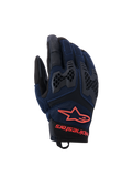 Alpinestars Manti Air handsker, motorcykelhandsker, mørkeblå og sort med røde fluo-detaljer, åndbar mesh-konstruktion og honeycomb TPU-knobeskyttelse, Alpinestars stjernelogo og branding på håndleddet, designet til sommer-adventurekørsel
