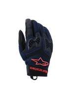 Alpinestars Manti Air handsker, motorcykelhandsker, mørkeblå og sort med røde fluo-detaljer, åndbar mesh-konstruktion og honeycomb TPU-knobeskyttelse, Alpinestars stjernelogo og branding på håndleddet, designet til sommer-adventurekørsel