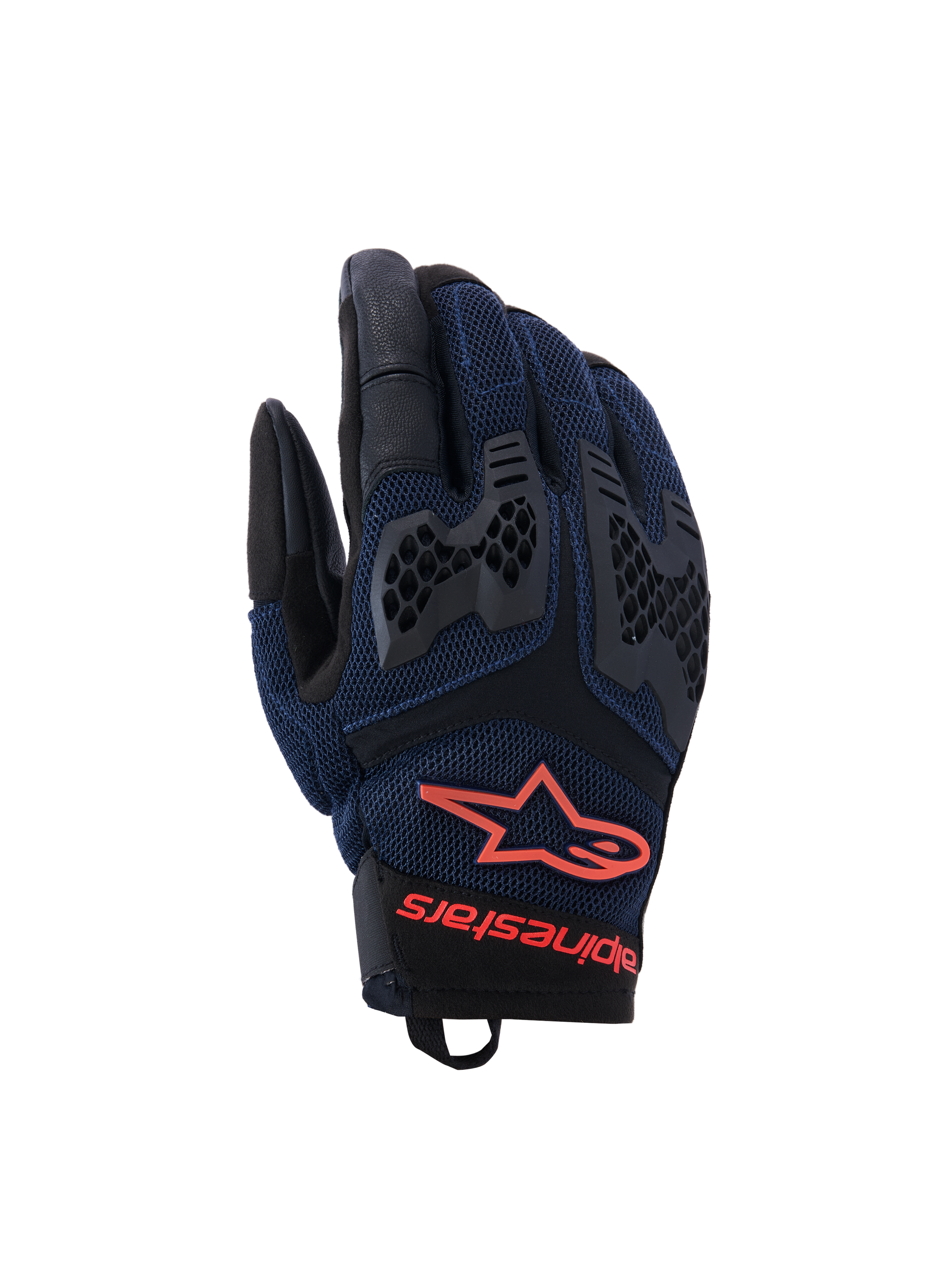 Alpinestars Manti Air handsker, motorcykelhandsker, mørkeblå og sort med røde fluo-detaljer, åndbar mesh-konstruktion og honeycomb TPU-knobeskyttelse, Alpinestars stjernelogo og branding på håndleddet, designet til sommer-adventurekørsel