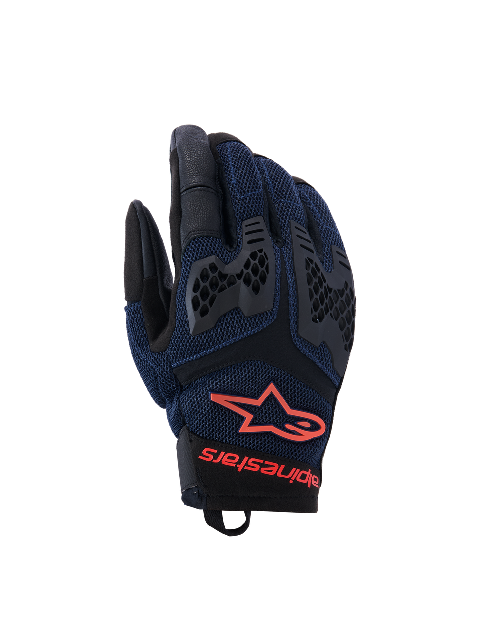 Alpinestars Manti Air handsker, motorcykelhandsker, mørkeblå og sort med røde fluo-detaljer, åndbar mesh-konstruktion og honeycomb TPU-knobeskyttelse, Alpinestars stjernelogo og branding på håndleddet, designet til sommer-adventurekørsel
