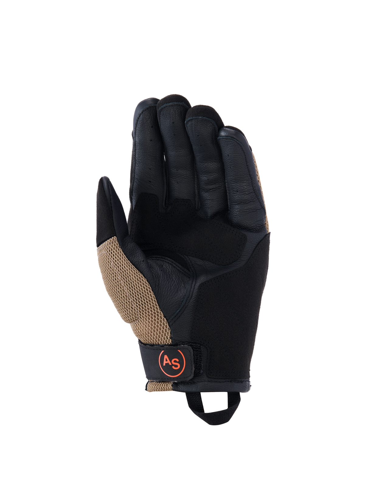 Alpinestars Manti Air handsker, motorcykelhandsker, mørk khaki og sort med orange fluo-detaljer, håndfladevisning med konstruktion i syntetisk ruskind, eksterne sømme, åndbare mesh-indsatser, sort håndledsrem med cirkulært orange AS-logo