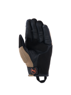Alpinestars Manti Air handsker, motorcykelhandsker, mørk khaki og sort med orange fluo-detaljer, håndfladevisning med konstruktion i syntetisk ruskind, eksterne sømme, åndbare mesh-indsatser, sort håndledsrem med cirkulært orange AS-logo