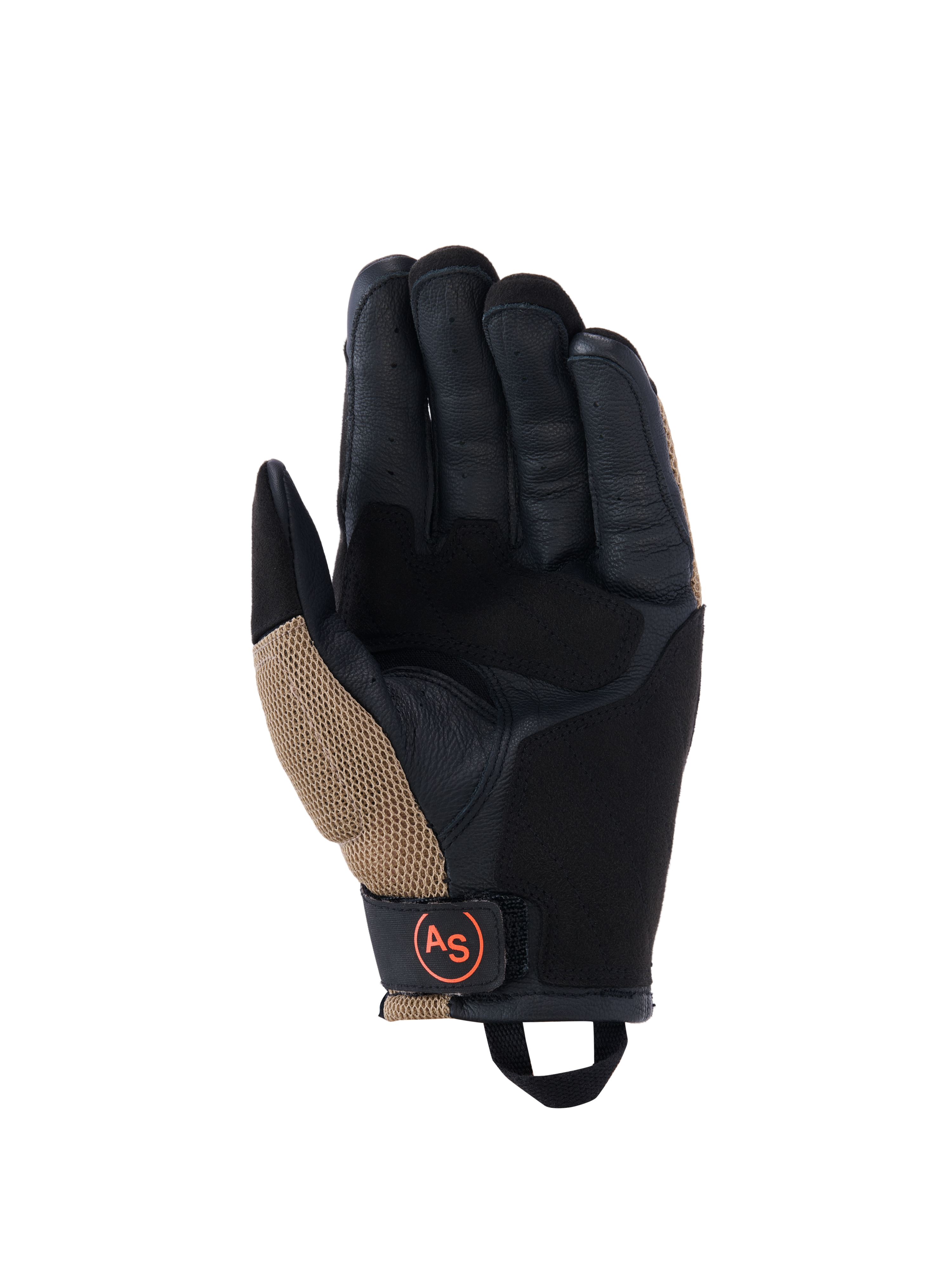 Alpinestars Manti Air handsker, motorcykelhandsker, mørk khaki og sort med orange fluo-detaljer, håndfladevisning med konstruktion i syntetisk ruskind, eksterne sømme, åndbare mesh-indsatser, sort håndledsrem med cirkulært orange AS-logo