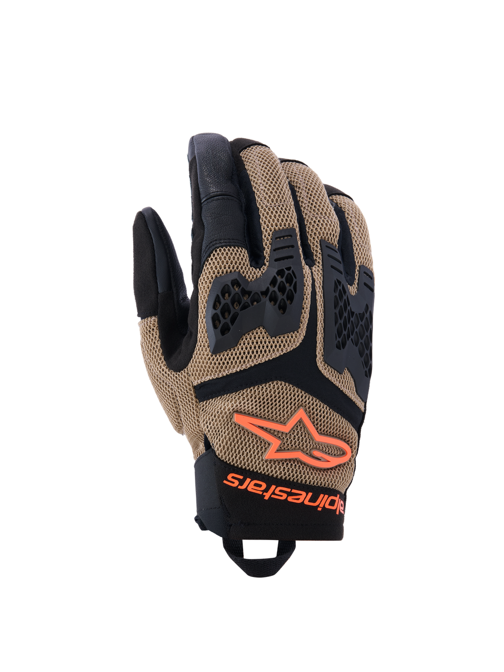 Alpinestars Manti Air handsker, motorcykelhandsker, mørk khaki og sort med orange fluo-detaljer, 3D-stretch mesh-konstruktion, injiceret knobeskyttelse med perforeret design, orange stjernelogo, sikker håndledslukning, designet til sommer adventure- og landevejskørsel