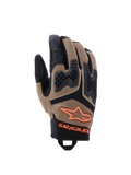 Alpinestars Manti Air handsker, motorcykelhandsker, mørk khaki og sort med orange fluo-detaljer, 3D-stretch mesh-konstruktion, injiceret knobeskyttelse med perforeret design, orange stjernelogo, sikker håndledslukning, designet til sommer adventure- og landevejskørsel