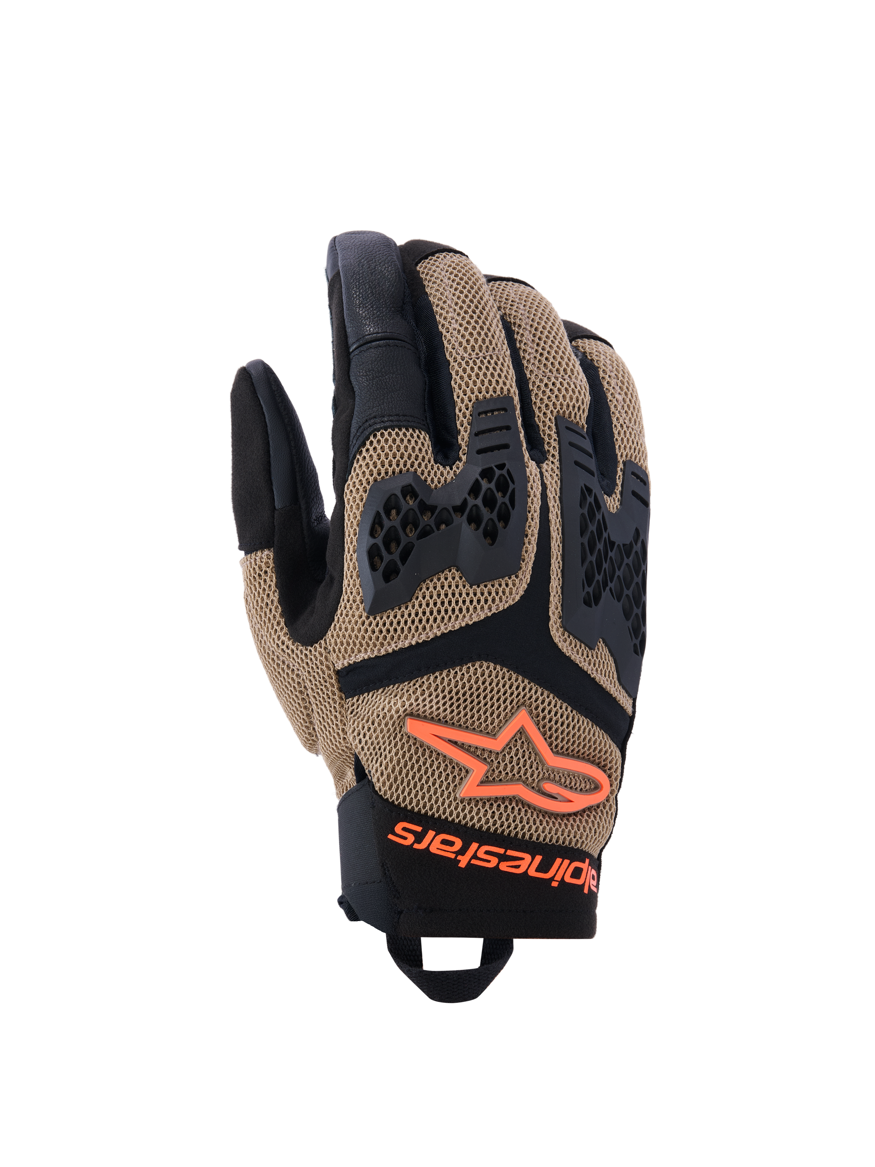 Alpinestars Manti Air handsker, motorcykelhandsker, mørk khaki og sort med orange fluo-detaljer, 3D-stretch mesh-konstruktion, injiceret knobeskyttelse med perforeret design, orange stjernelogo, sikker håndledslukning, designet til sommer adventure- og landevejskørsel
