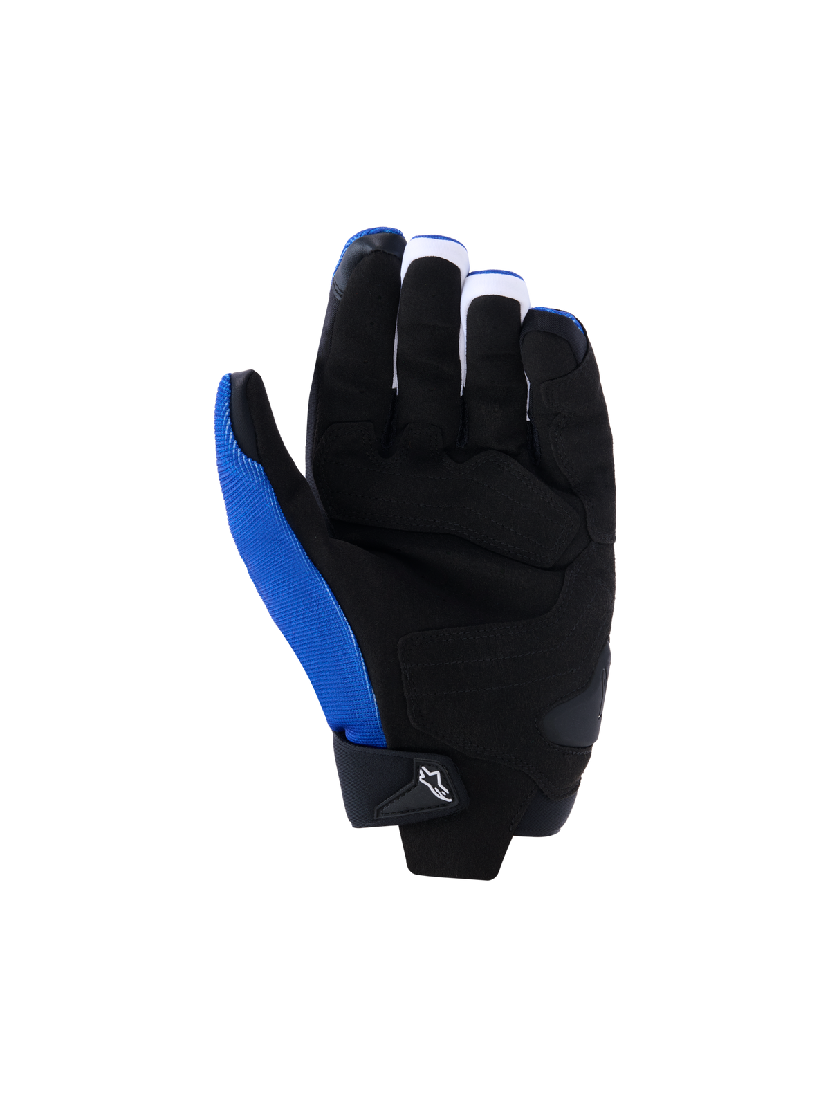 Alpinestars FQ20 SP X 1 handsker, motorcykelhandsker, blå, sort og fluorescerende rød, håndfladevisning med konstruktion i sort syntetisk læder, forstærkede gribepaneler og slagzoner, blåt tekstil på tommelfingersiden, strømlinet sportsligt racerdesign