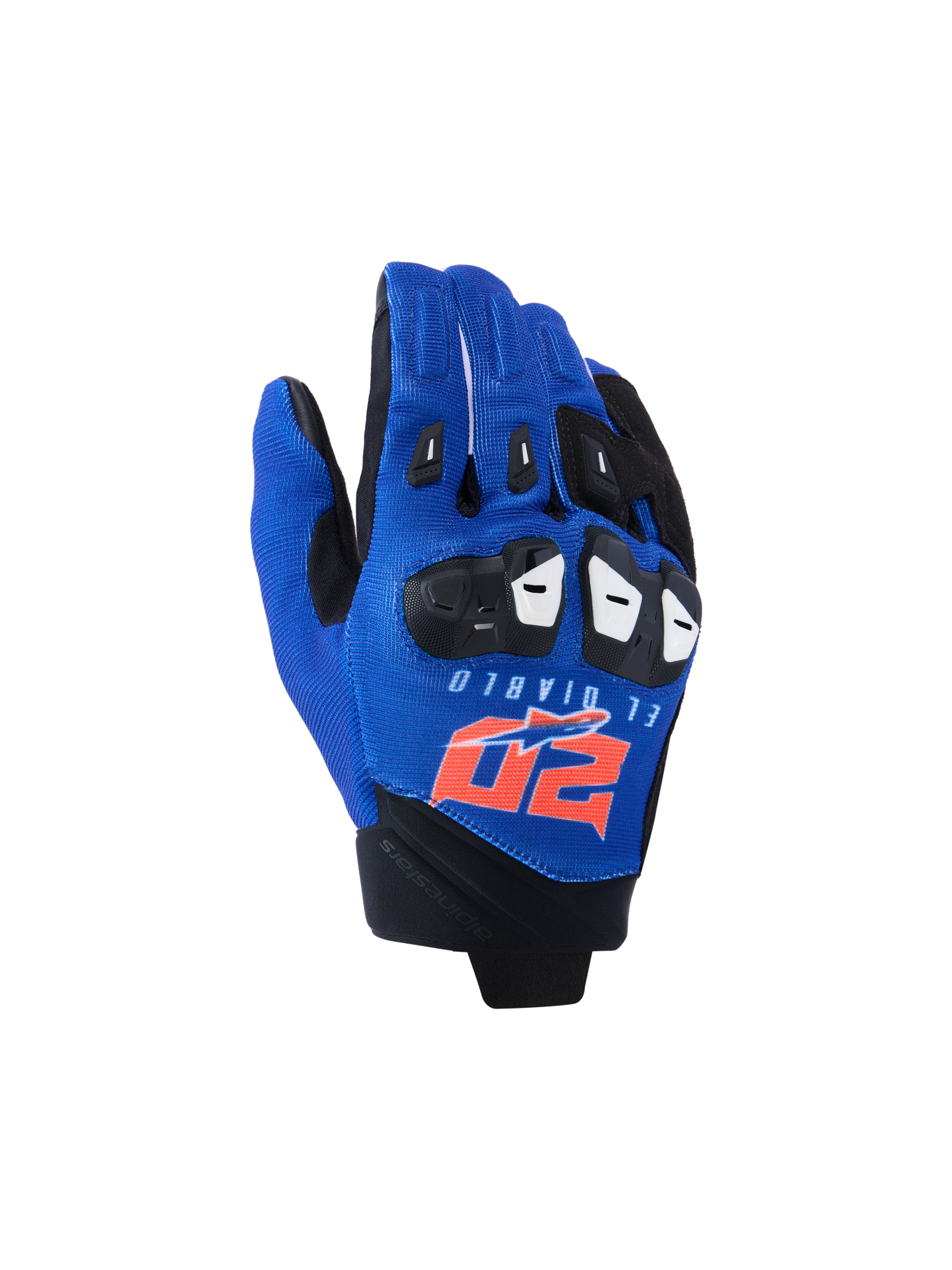 Alpinestars FQ20 SP X 1 handsker, sportsmotorcykelhandsker, blå, sort og rød fluo, med El Diablo- og 20-branding på håndryggen, tekstil mesh-overdel med sort knobeskyttelse, strømlinet design til racing og sportskørsel