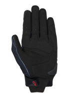Alpinestars MM93 Spx 1 Gloves, Black, palm view showing synthetic leather construction with reinforced strike zones, perforated fingers for ventilation, TPR palm slider, and a small red Alpinestars logo on the wrist strap.