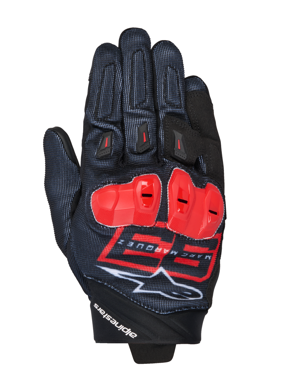 Alpinestars MM93 Spx 1 handsker, motorcykelhandsker til racing, sorte med klare røde og hvide detaljer, røde beskyttende knobeskyttere, med Marc Marquez 93-logo og Alpinestars-branding, tekstureret stof med et sportsligt performance-design