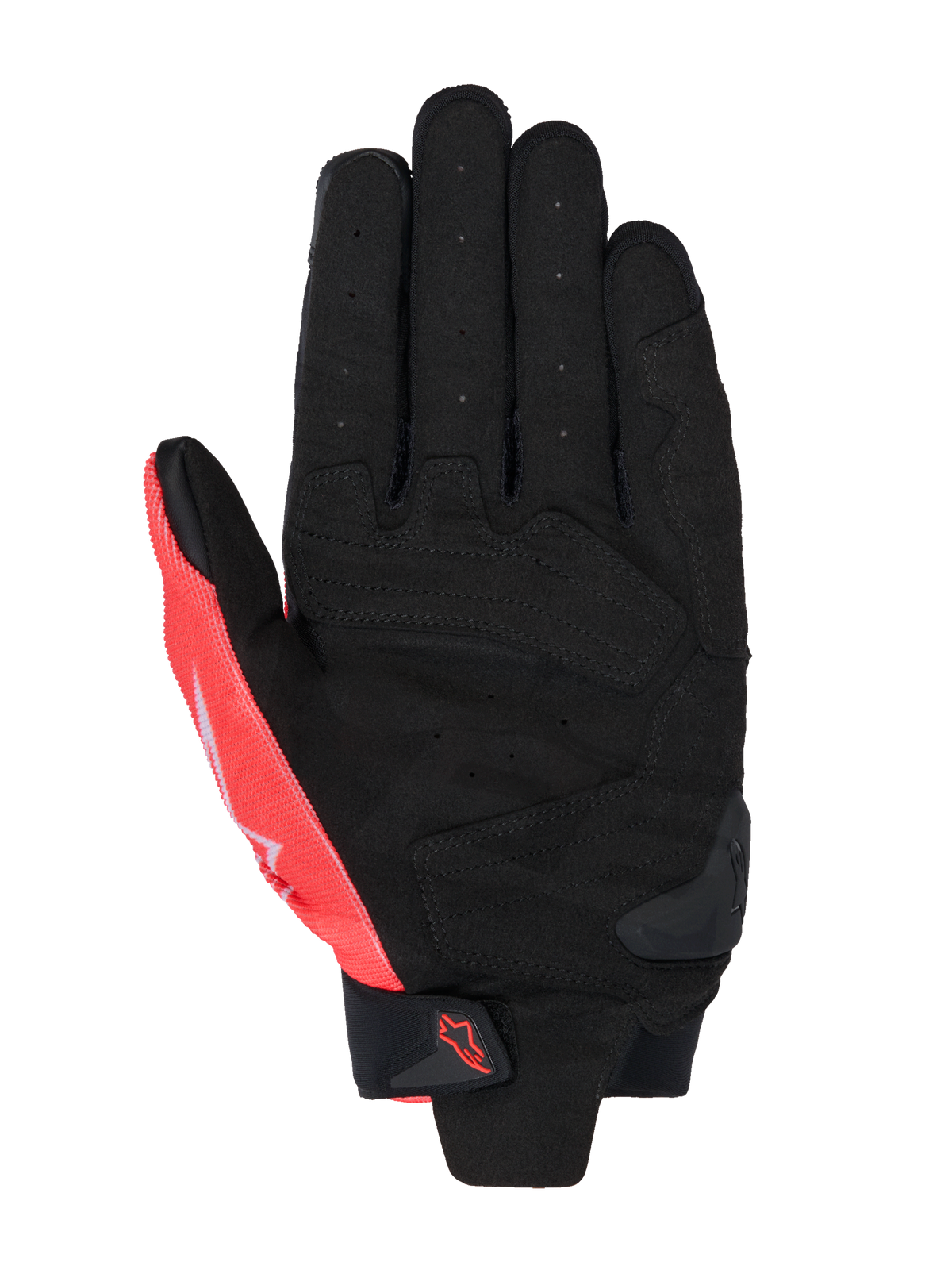 Alpinestars MM93 SP X 1 handsker, håndfladevisning, sort og rød fluo, syntetisk læderkonstruktion med perforeret håndflade, forstærkede sektioner, TPR-slider på håndfladen og velcro-håndledsrem med Alpinestars-logo.