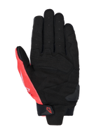 Alpinestars MM93 SP X 1 handsker, håndfladevisning, sort og rød fluo, syntetisk læderkonstruktion med perforeret håndflade, forstærkede sektioner, TPR-slider på håndfladen og velcro-håndledsrem med Alpinestars-logo.