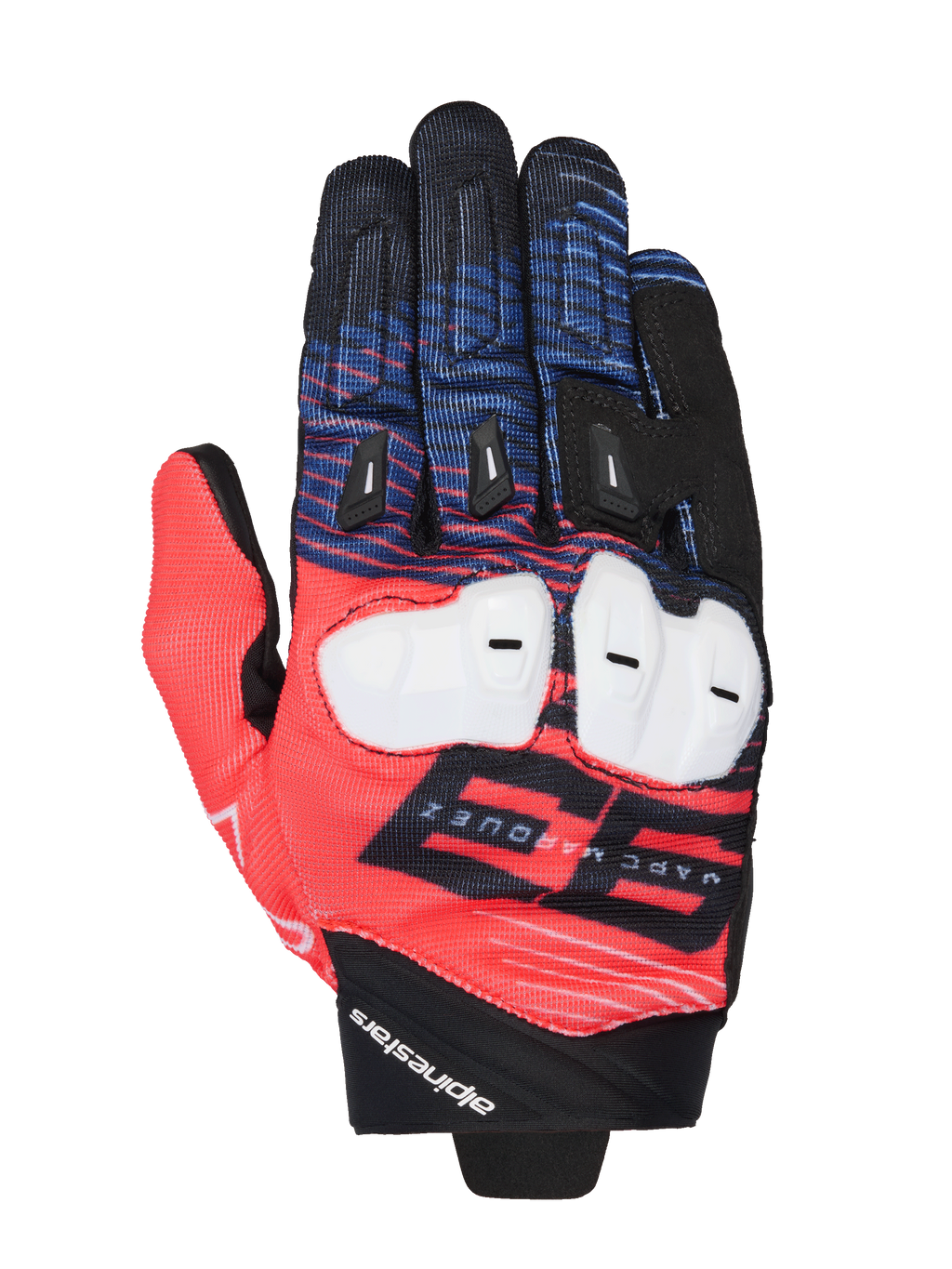 Alpinestars MM93 Spx 1 handsker, motorcykelracerhandsker, rød, blå og sort, hvid knobeskyttelse, fremtrædende 93 Marc Marquez-grafik, tekstureret tekstil med sorte fingerslidere, sporty racerdesign med Alpinestars-branding på håndleddet