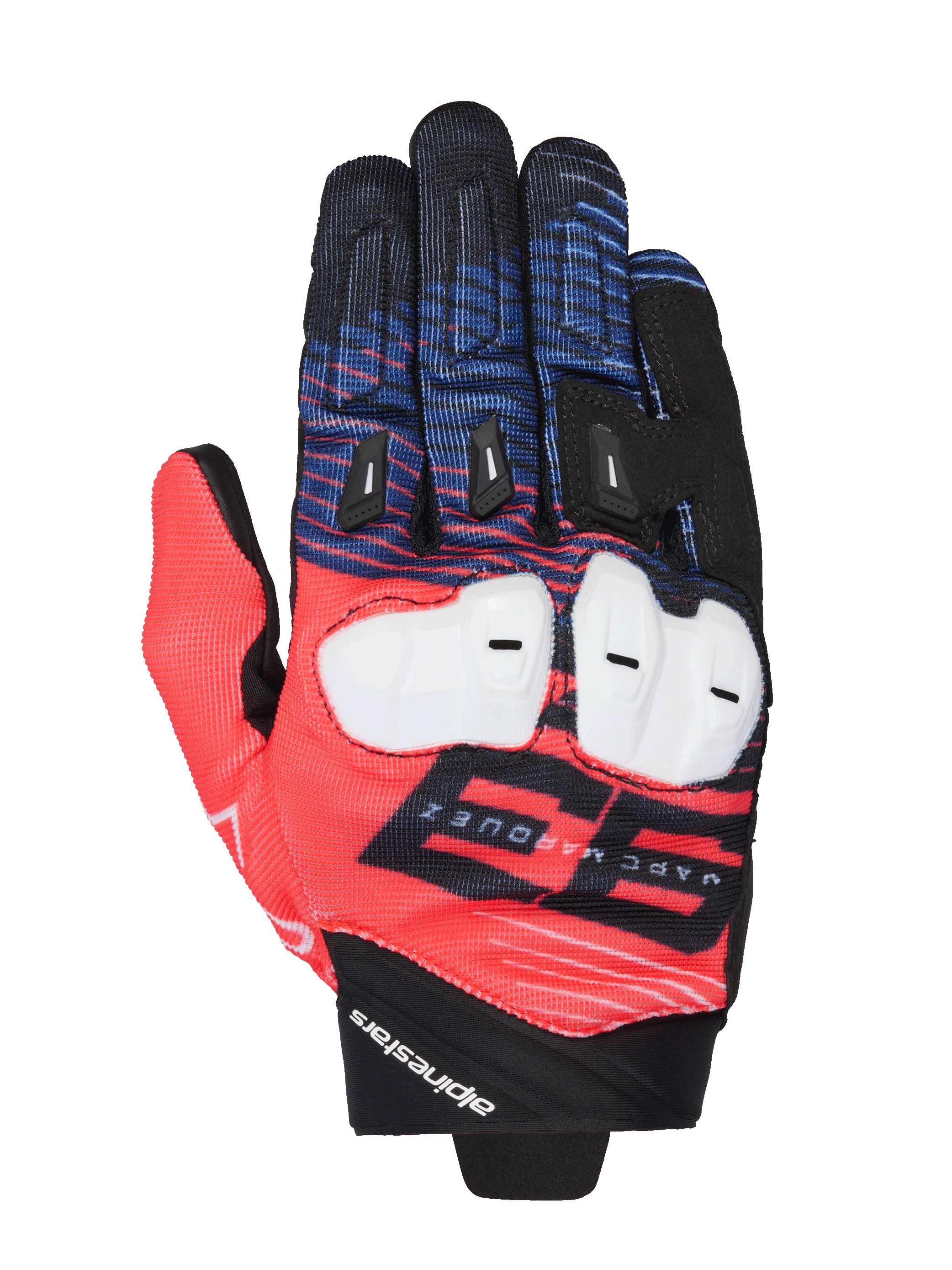 Alpinestars MM93 Spx 1 handsker, motorcykelracerhandsker, rød, blå og sort, hvid knobeskyttelse, fremtrædende 93 Marc Marquez-grafik, tekstureret tekstil med sorte fingerslidere, sporty racerdesign med Alpinestars-branding på håndleddet