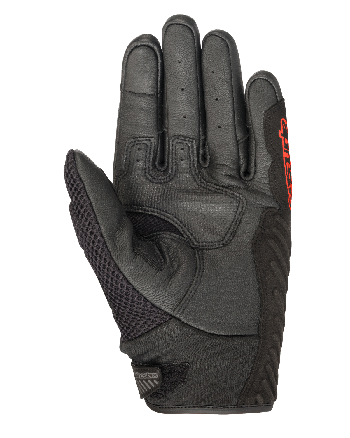 Alpinestars SMX-1 Air V2 handsker, sort og rød fluo, håndfladevisning med perforeret læder, mesh-panel på tommelfingeren, forstærkede gribezoner og rød branding, designet til motorcykelkørsel på vej om sommeren