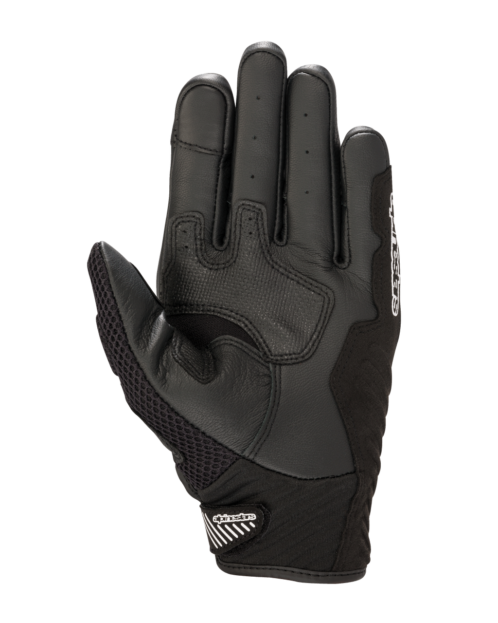 Alpinestars SMX-1 Air V2 handsker, set fra håndfladen, sort og hvid, med forstærkede læder-grebszoner, perforeret håndfladeområde til ventilation og en sikker kort manchet med velcrolukning