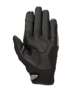 Alpinestars SMX-1 Air V2 handsker, set fra håndfladen, sort og hvid, med forstærkede læder-grebszoner, perforeret håndfladeområde til ventilation og en sikker kort manchet med velcrolukning