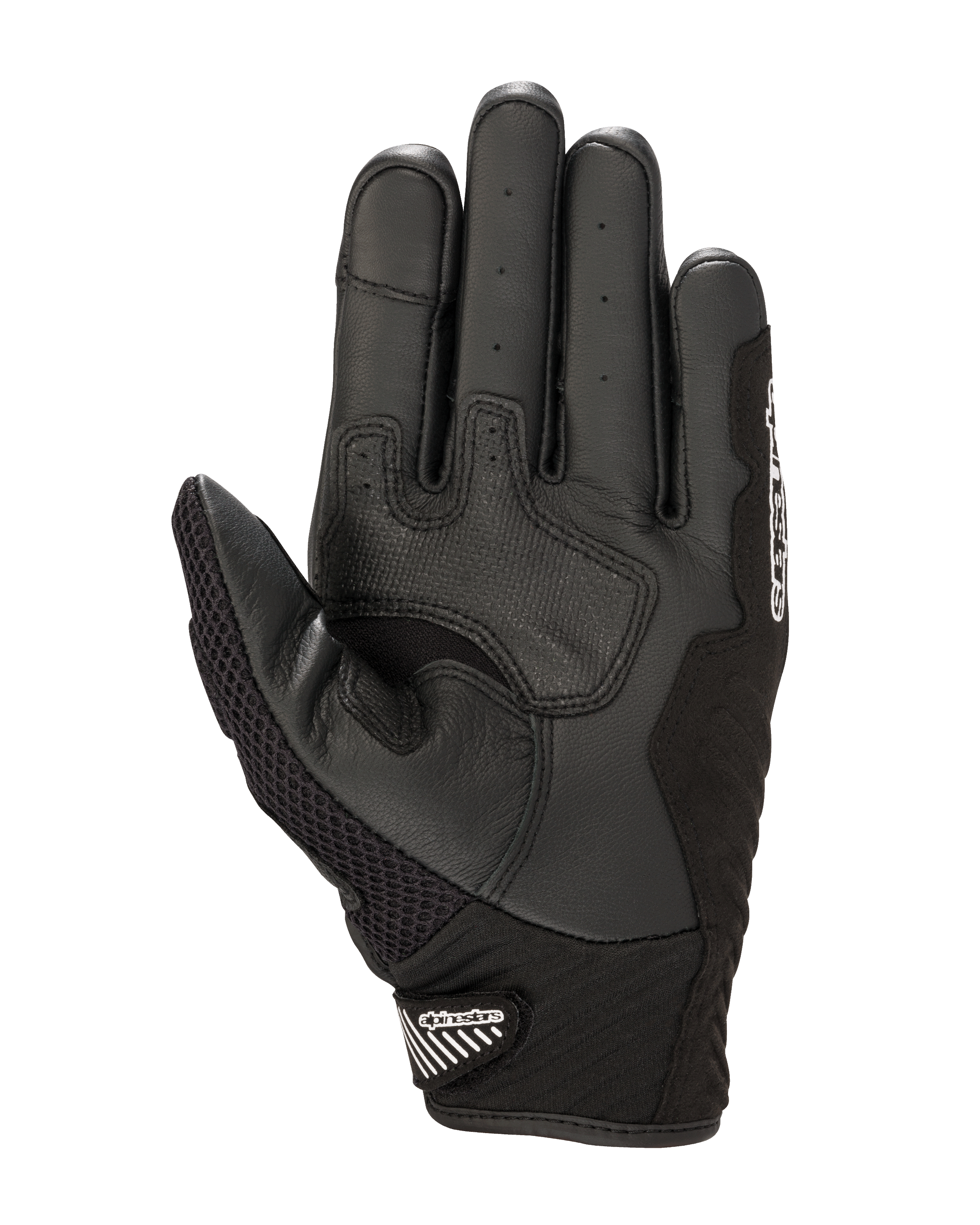 Alpinestars SMX-1 Air V2 handsker, set fra håndfladen, sort og hvid, med forstærkede læder-grebszoner, perforeret håndfladeområde til ventilation og en sikker kort manchet med velcrolukning