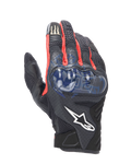 Alpinestars FQ20 SMX-1 Air V2 Monster Gloves, Motorcycle Sport Gloves, Black with Red and Blue accents, featuring a blue hard knuckle protector, mesh ventilation panels, Fabio Quartararo signature graphics, and Monster Energy logo on the index finger