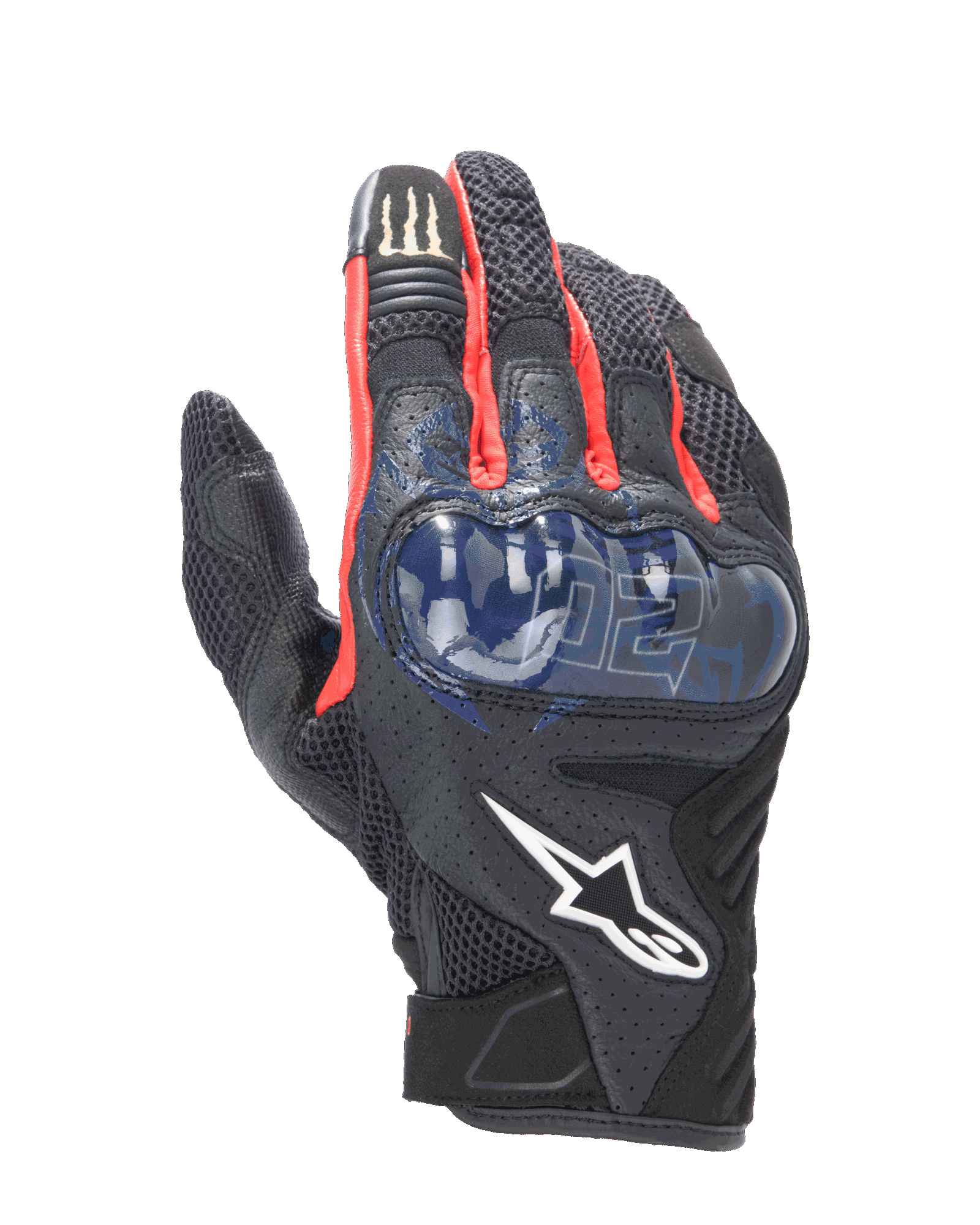 Alpinestars FQ20 SMX-1 Air V2 Monster Gloves, Motorcycle Sport Gloves, Black with Red and Blue accents, featuring a blue hard knuckle protector, mesh ventilation panels, Fabio Quartararo signature graphics, and Monster Energy logo on the index finger