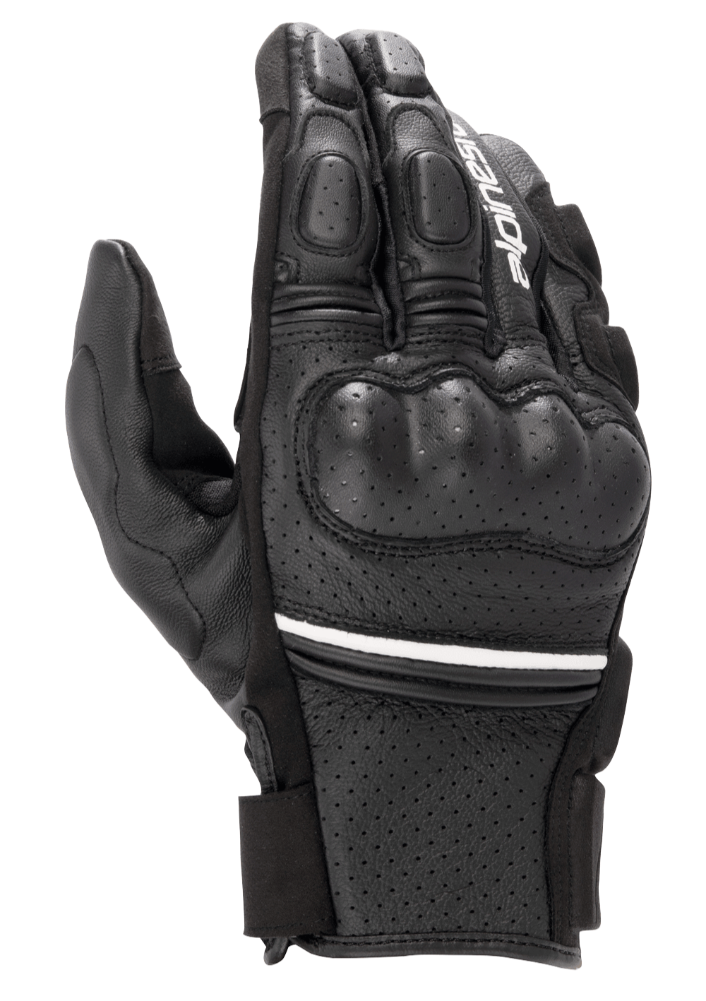 Alpinestars Phenom Leather Air handsker, kortskaftede motorcykelhandsker, sort med en tynd hvid stribe, konstruktion i perforeret gedelæder, hård knobeskyttelse og polstrede fingre.