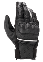 Alpinestars Phenom Leather Air handsker, kortskaftede motorcykelhandsker, sort med en tynd hvid stribe, konstruktion i perforeret gedelæder, hård knobeskyttelse og polstrede fingre.