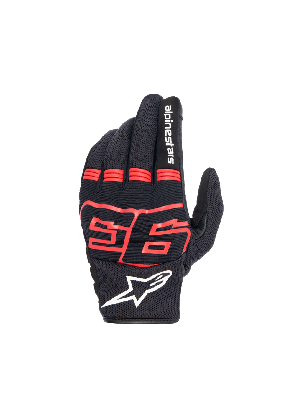 Alpinestars MM93 Losail V2 handsker, urban motorcykelhandsker, sort og rød fluo, tekstil med knobeskyttelse og MM93-logo