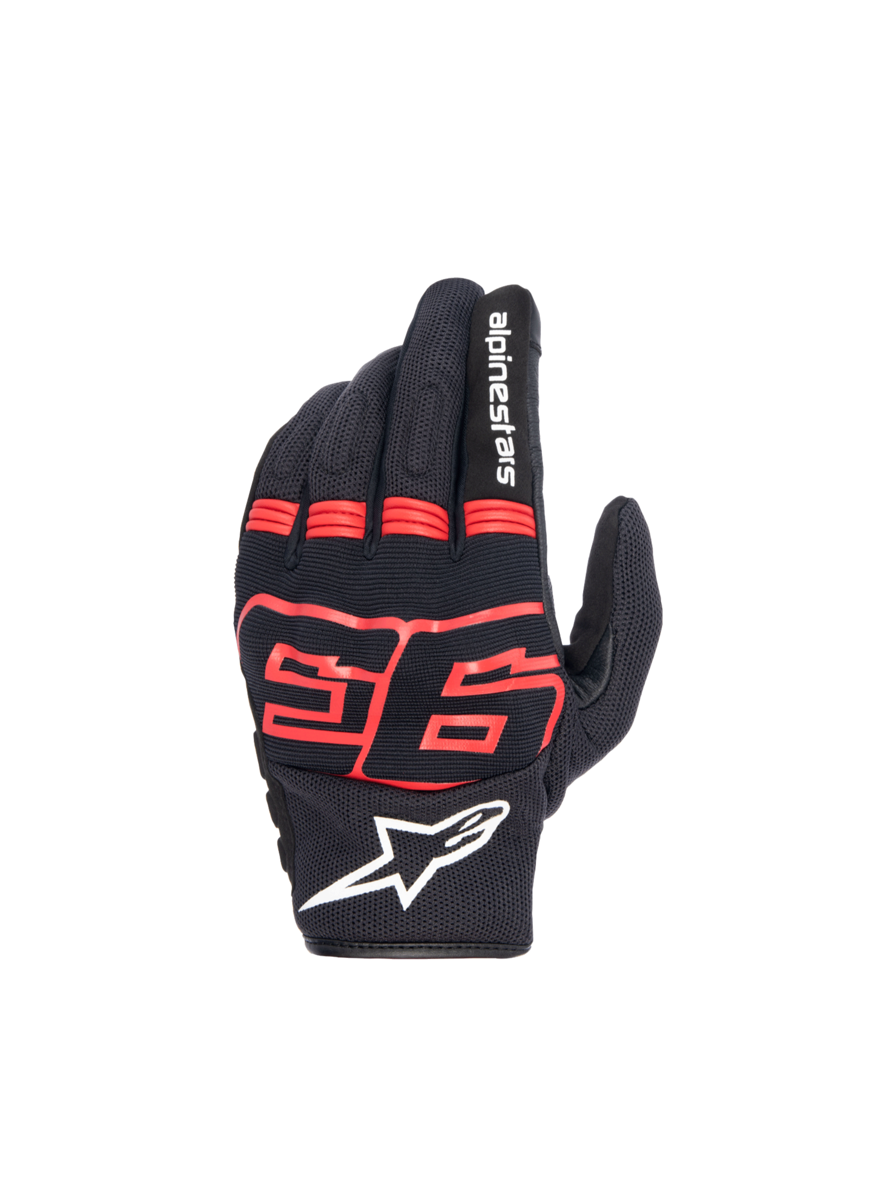 Alpinestars MM93 Losail V2 handsker, urban motorcykelhandsker, sort og rød fluo, tekstil med knobeskyttelse og MM93-logo