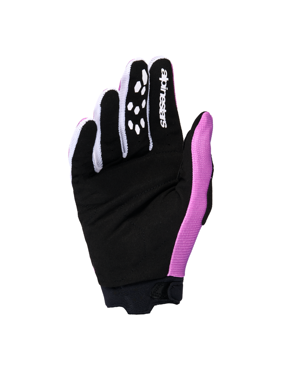 Alpinestars 2026 Stella Full Bore V2 handsker til kvinder, håndfladevisning i farverne violet, hvid og sort, forstærket sort håndflade i syntetisk ruskind, hvidt Alpinestars-logo på pegefingeren, silikonegrebsmønstre, designet til motocross-ydeevne.
