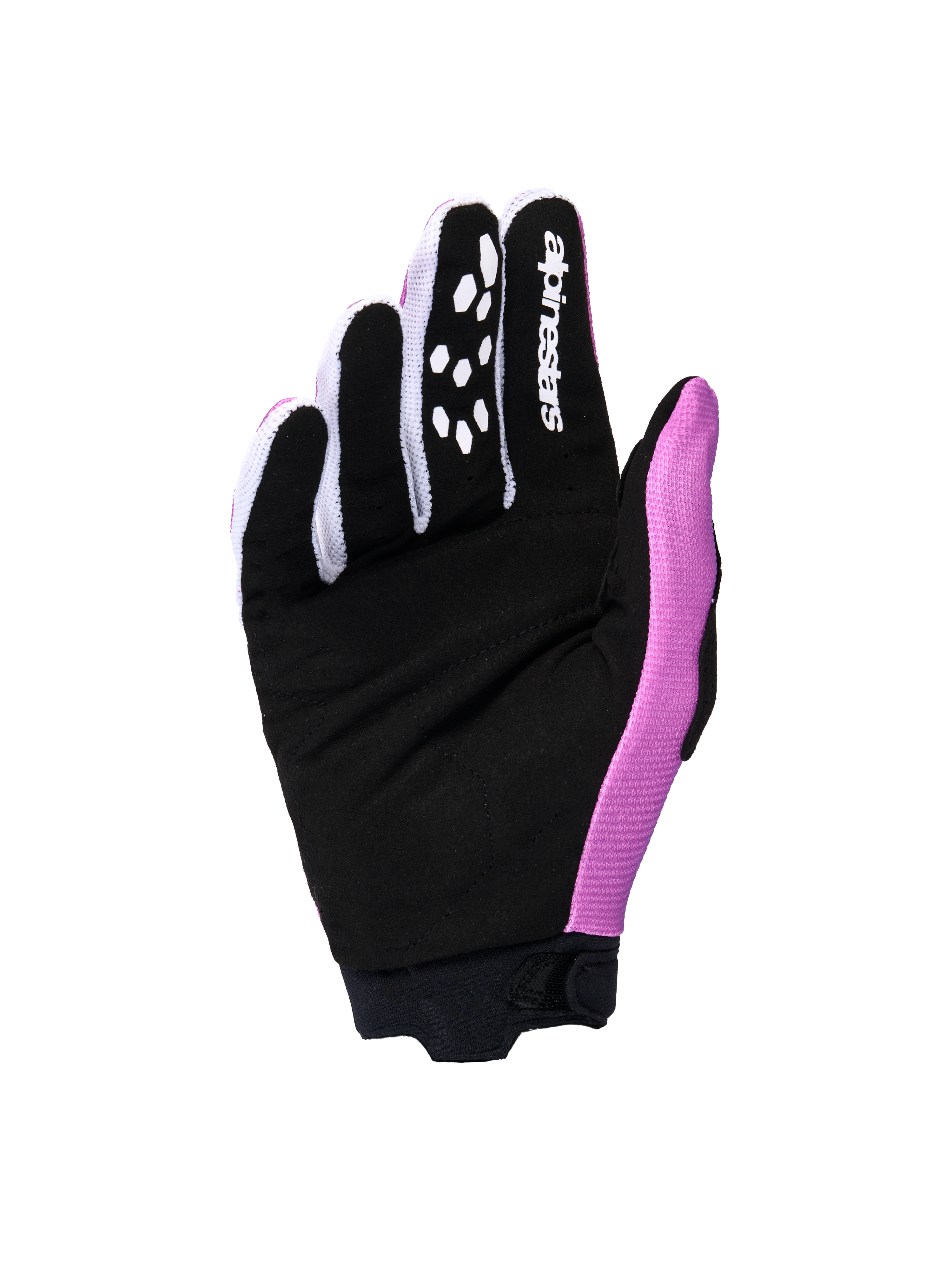 Alpinestars 2026 Stella Full Bore V2 handsker til kvinder, håndfladevisning i farverne violet, hvid og sort, forstærket sort håndflade i syntetisk ruskind, hvidt Alpinestars-logo på pegefingeren, silikonegrebsmønstre, designet til motocross-ydeevne.